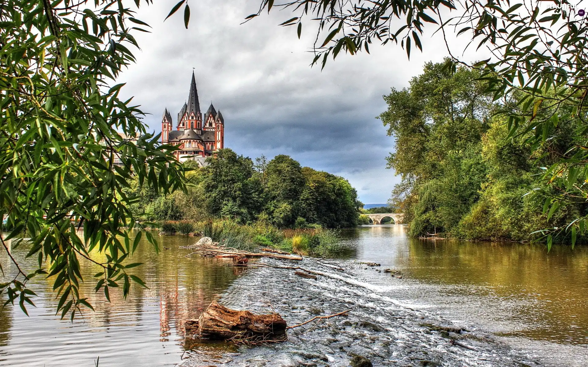 trees, viewes, Castle, bridge, River