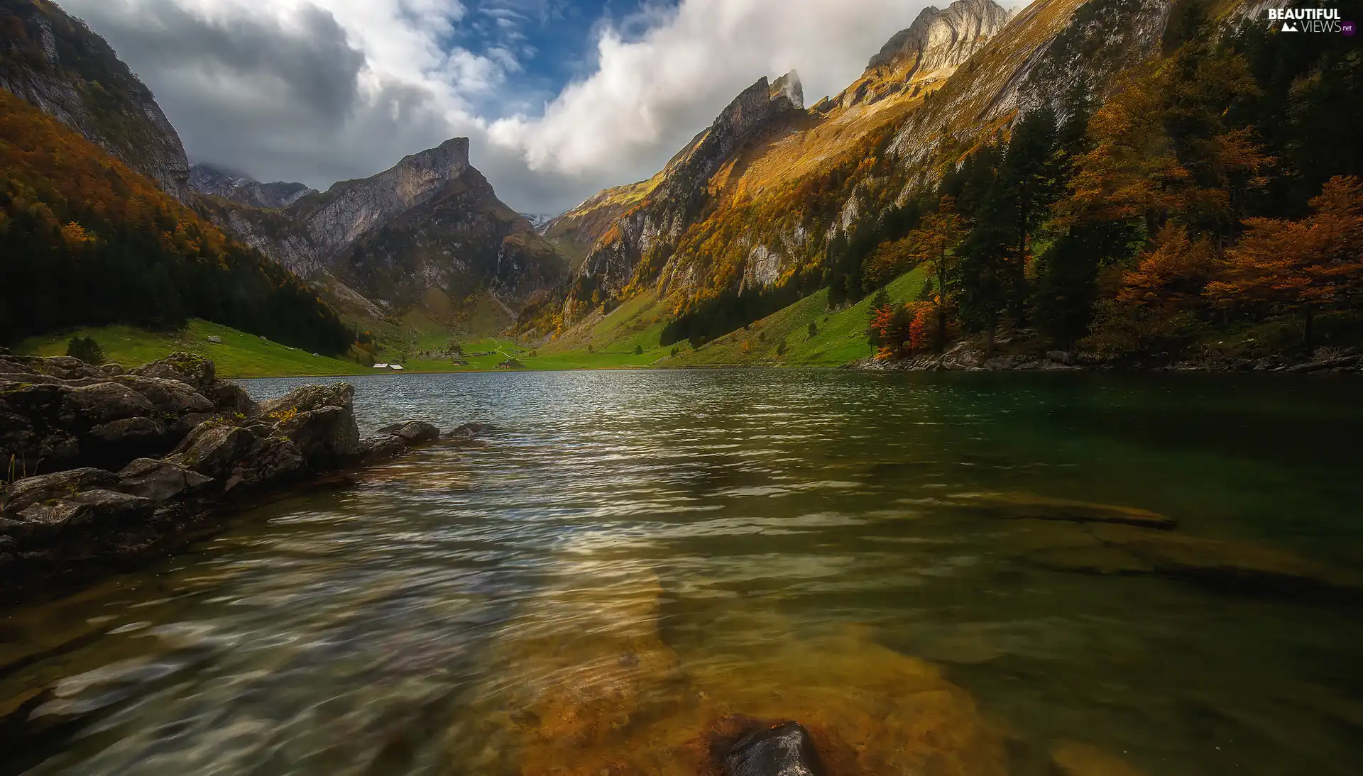 Mountains, autumn, trees, viewes, rocks, lake