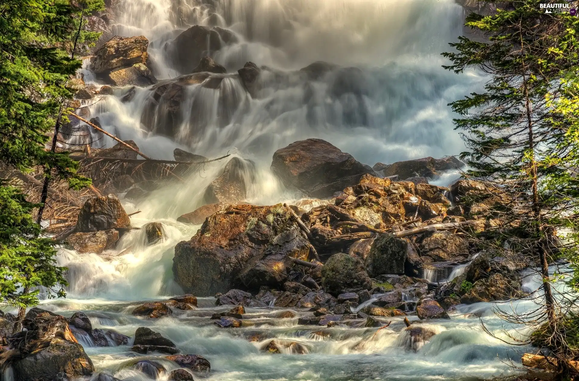 Trees Viewes Waterfall Stones Rocks Beautiful Views Wallpapers