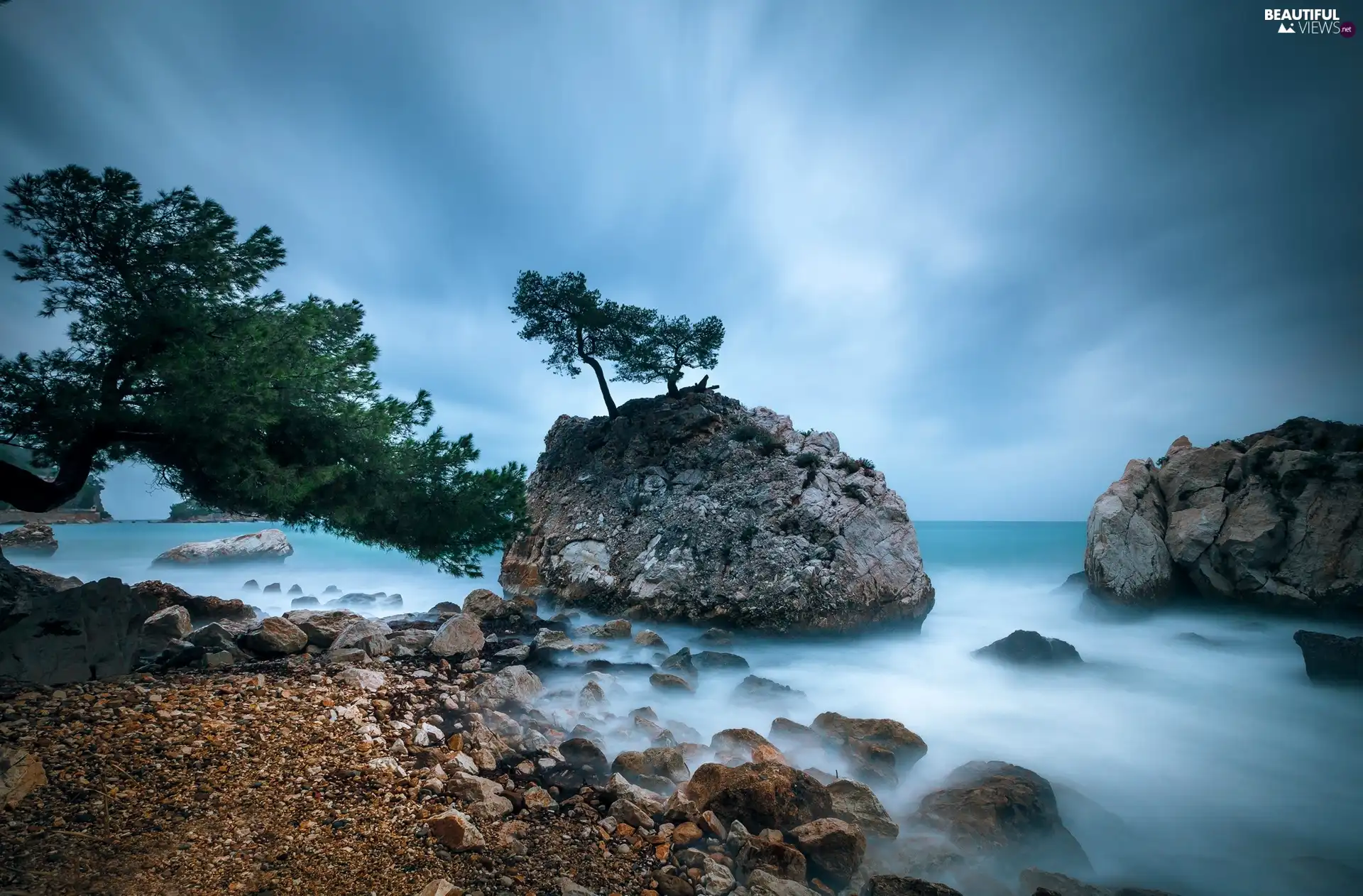 trees, viewes, rocks, Stones, sea