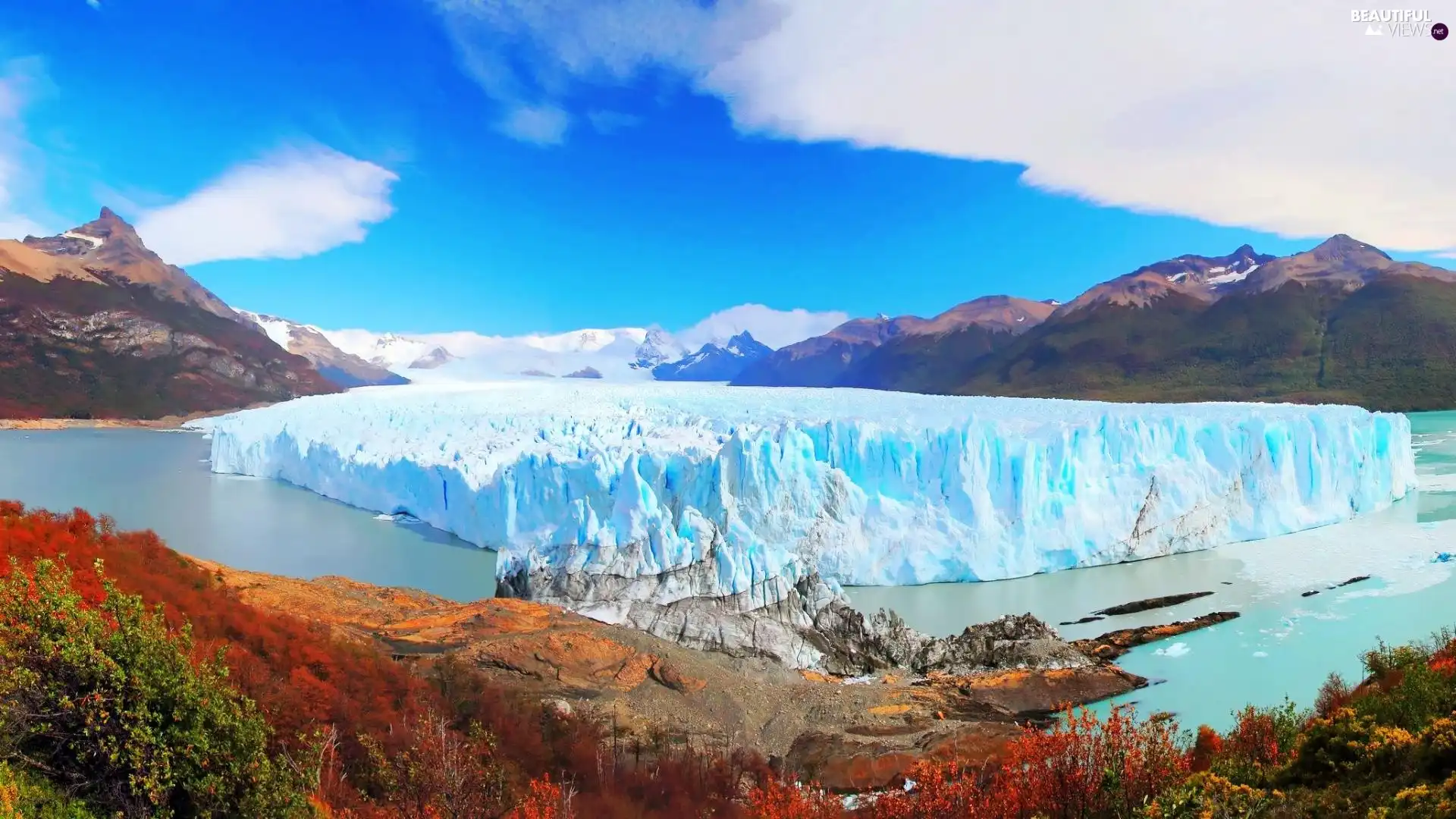 trees, viewes, mountains, Ice, Sky