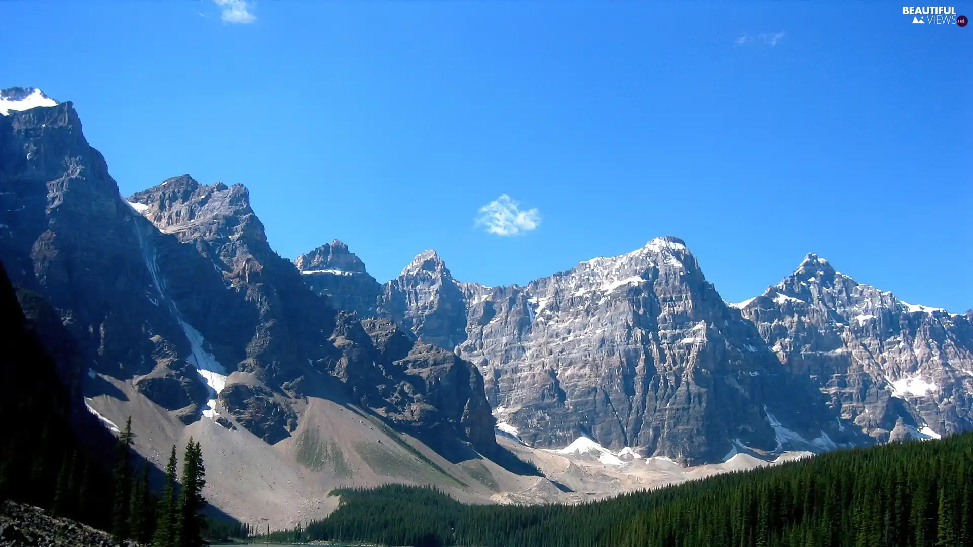 trees, viewes, Mountains, snow, Sky