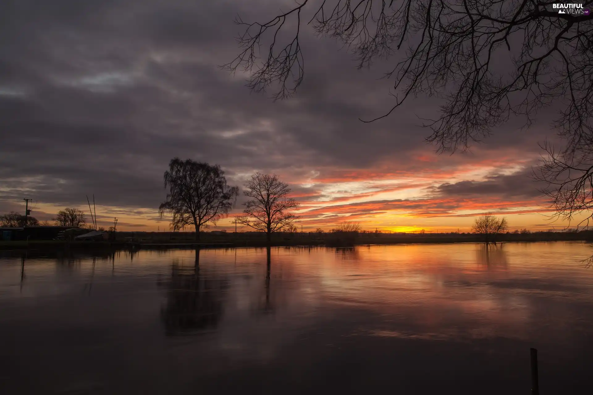 west, lake, trees, viewes, sun, clouds