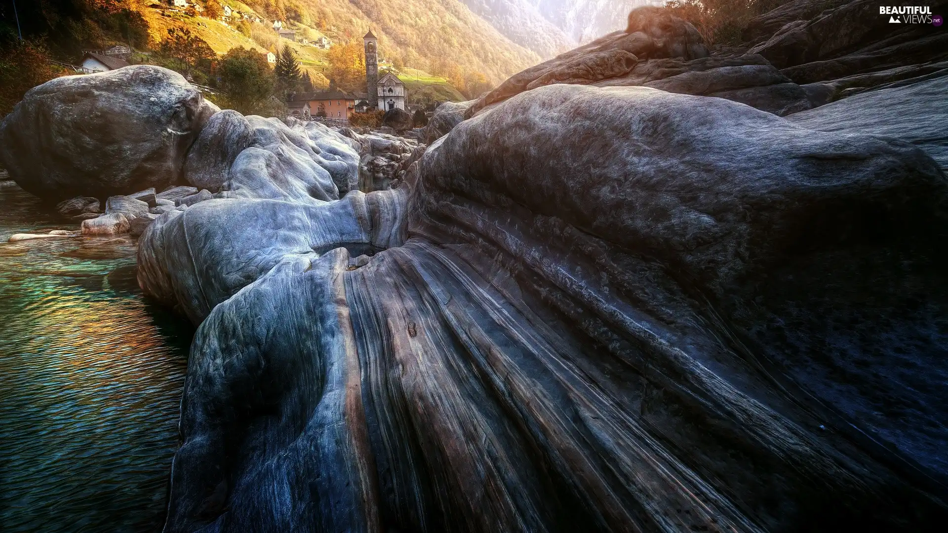 Valle Verzasca, Switzerland, Lavertezzo, Verzasca River, trees, viewes, Mountains, rocks, Church