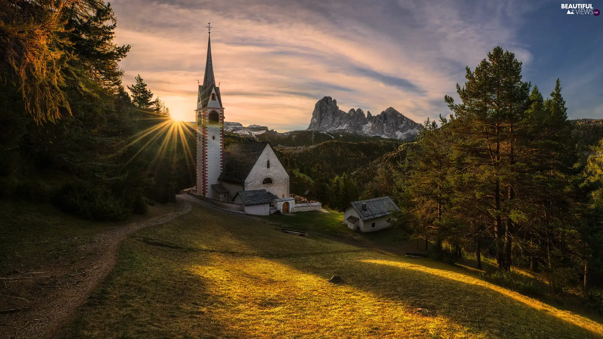 Dolomites Mountains, Italy, viewes, Tirol, Church of St. James, trees, rays of the Sun