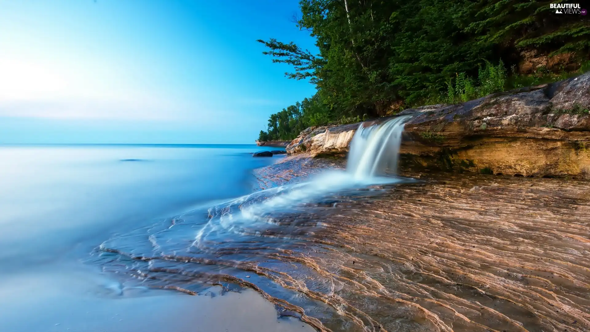 trees, viewes, sea, rocks, waterfall