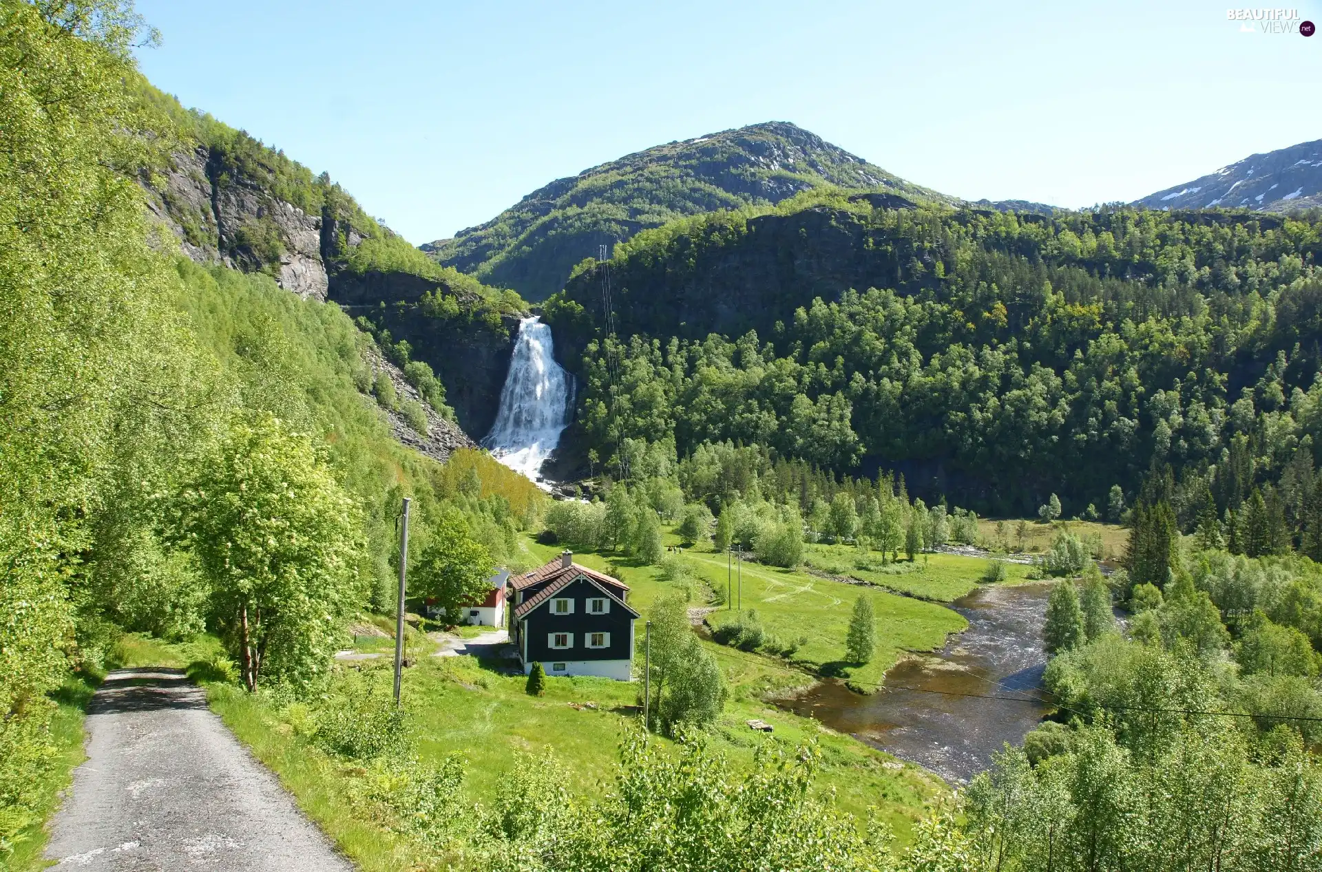 trees, viewes, Mountains, waterfall, Way