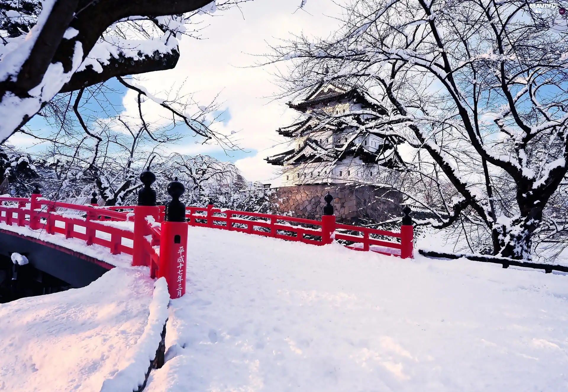 trees, viewes, bridge, house, winter