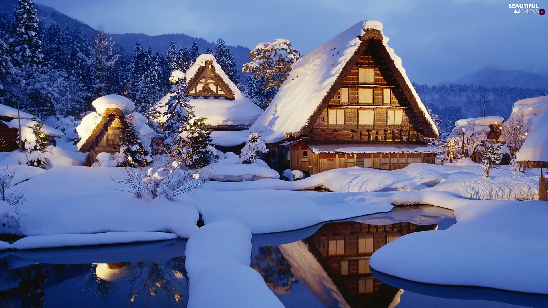 trees, viewes, snow, Houses, winter