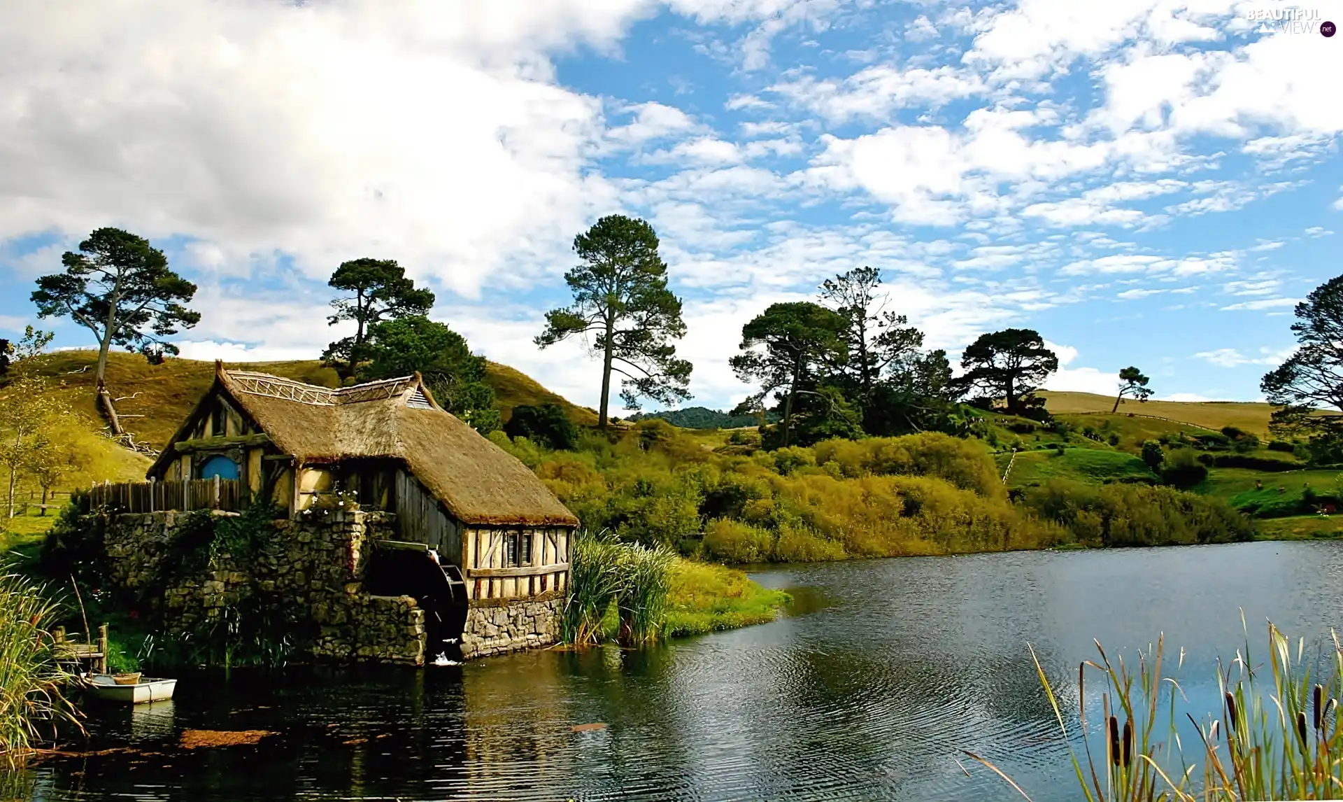 trees, viewes, Hobbits, River, water, medows, The Hills, Windmill