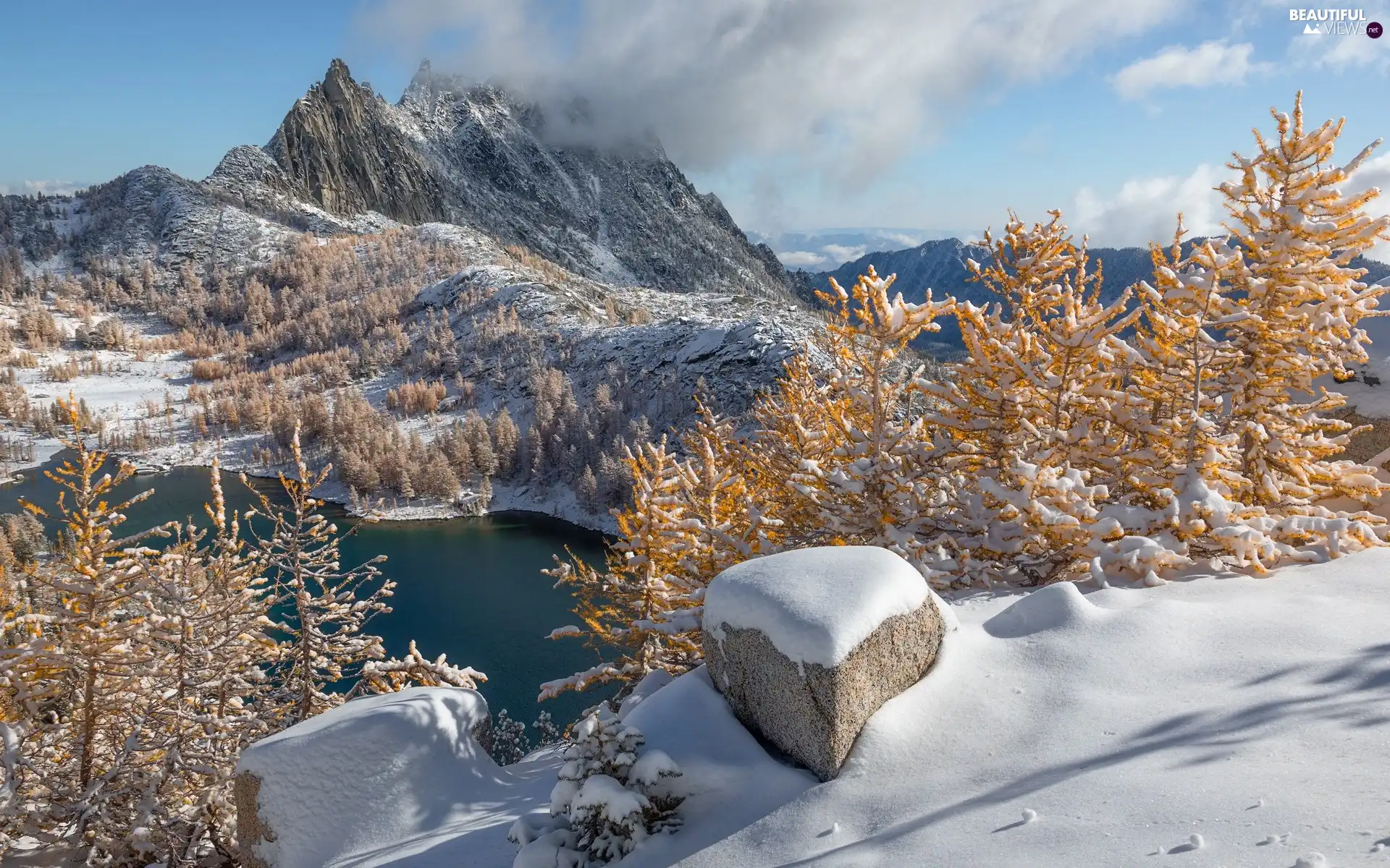 viewes, lake, winter, trees, Mountains, Stones, clouds