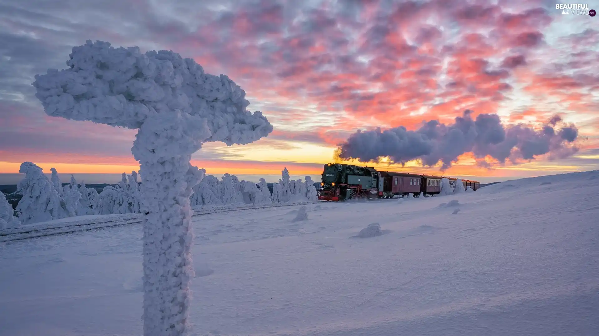trees, steam train, Great Sunsets, Snowy, winter, viewes, clouds