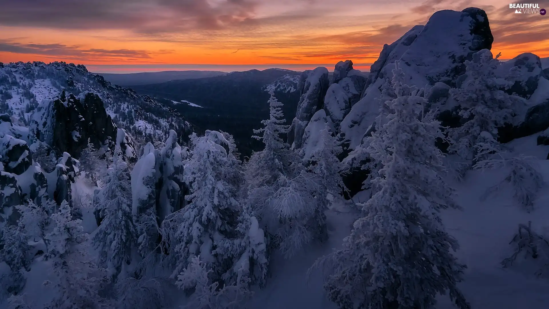 Great Sunsets, winter, trees, viewes, Snowy, Mountains