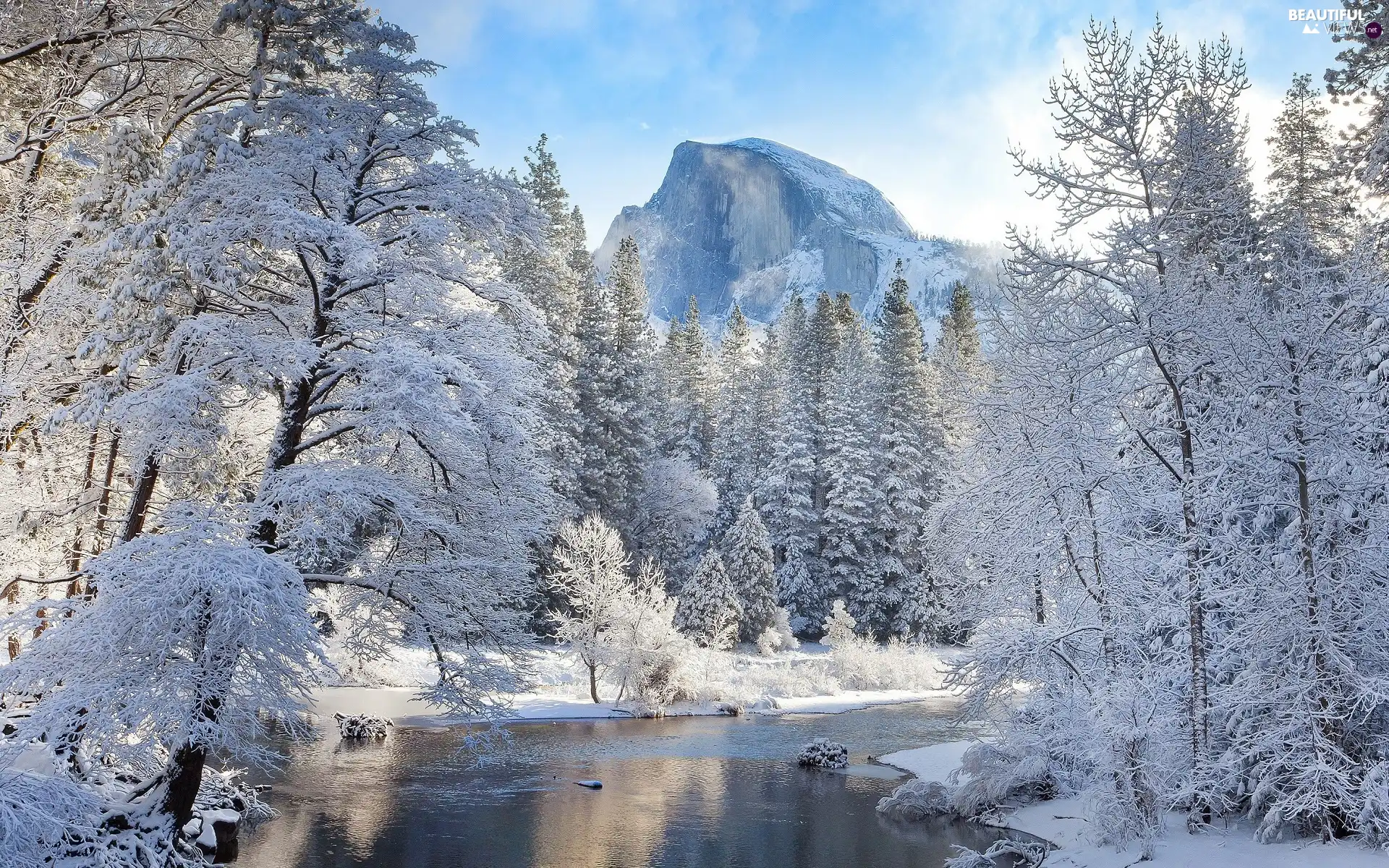 frosty, California, Sierra Nevada Mountains, viewes, El Capitan Peak, The United States, Yosemite National Park, winter, trees, Merced River