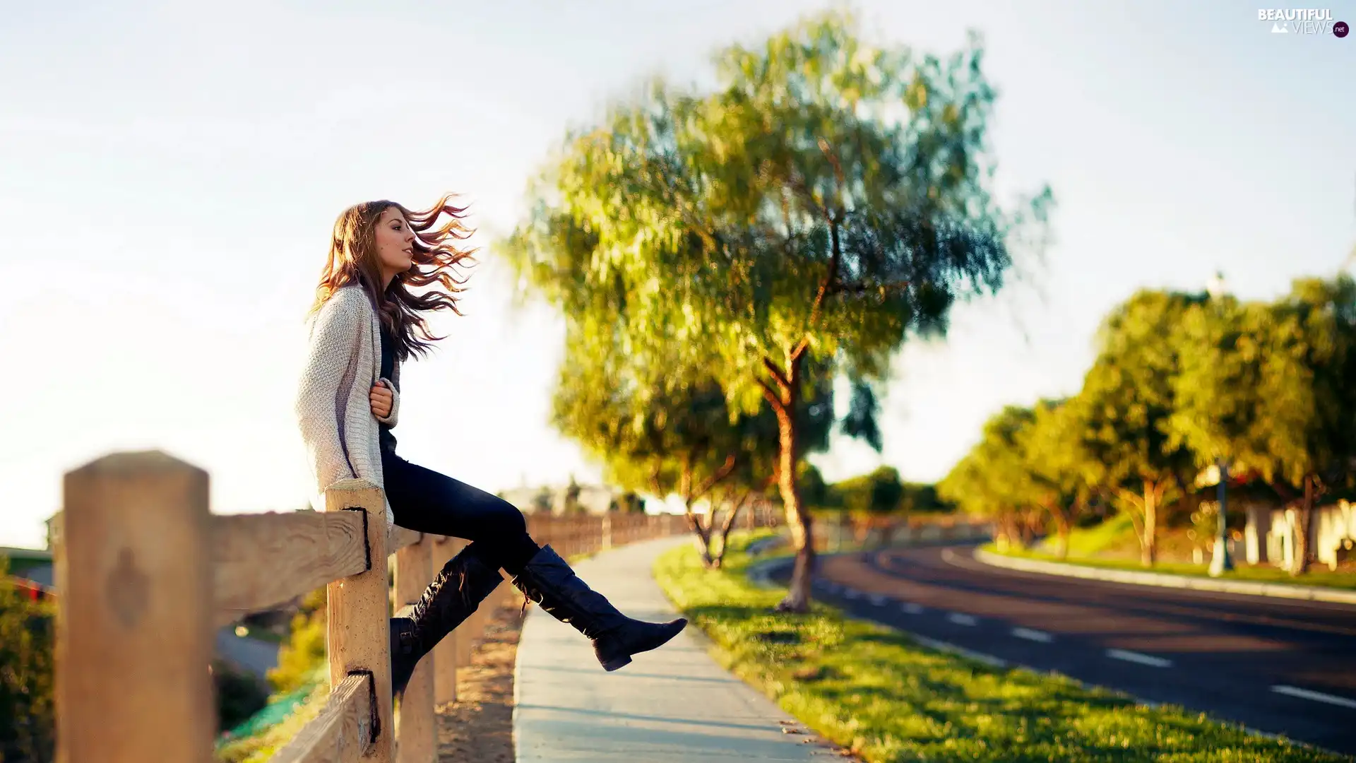 Way, trees, fence, viewes, autumn, turn, girl