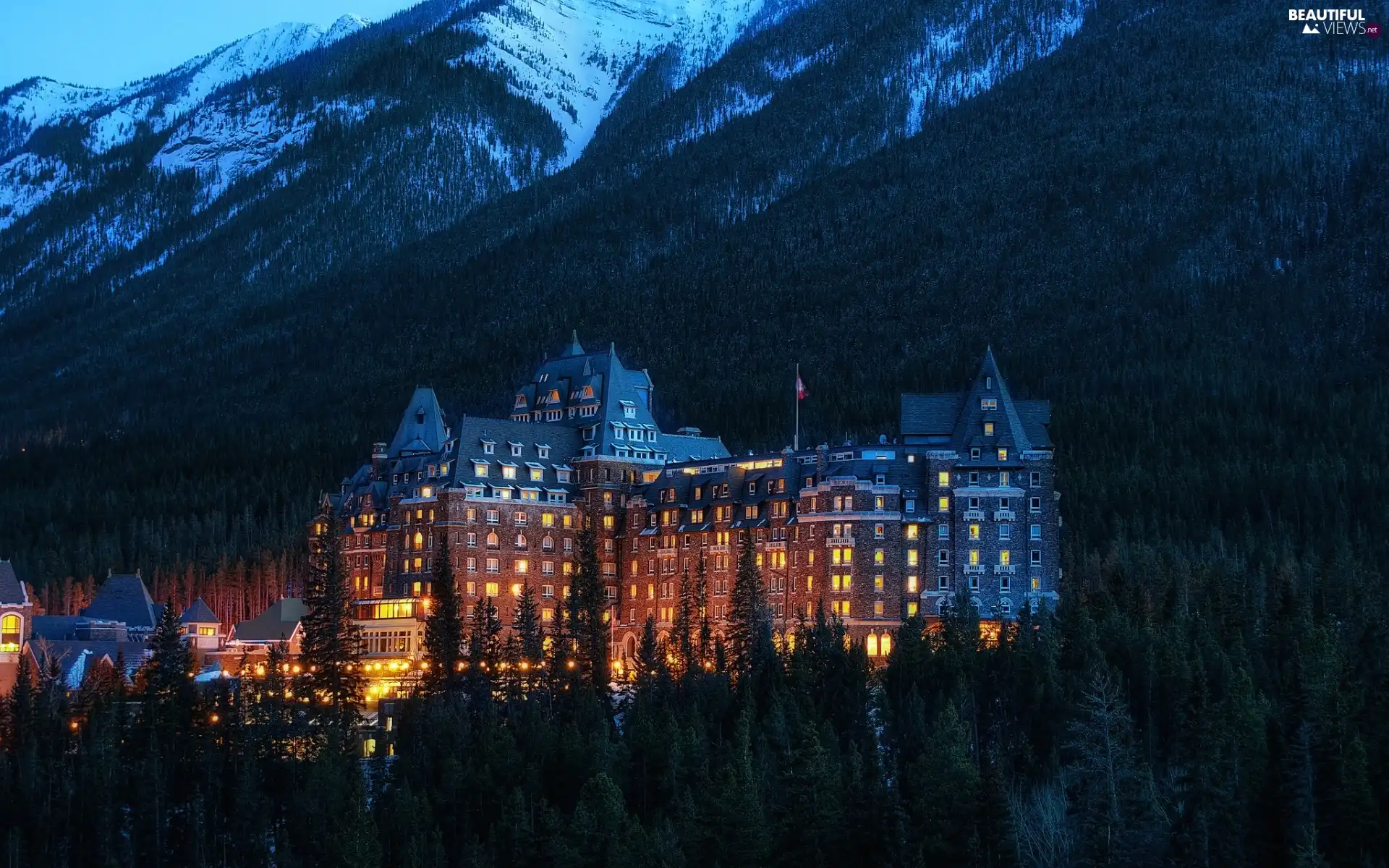 Mountains, Hotel hall, twilight, woods