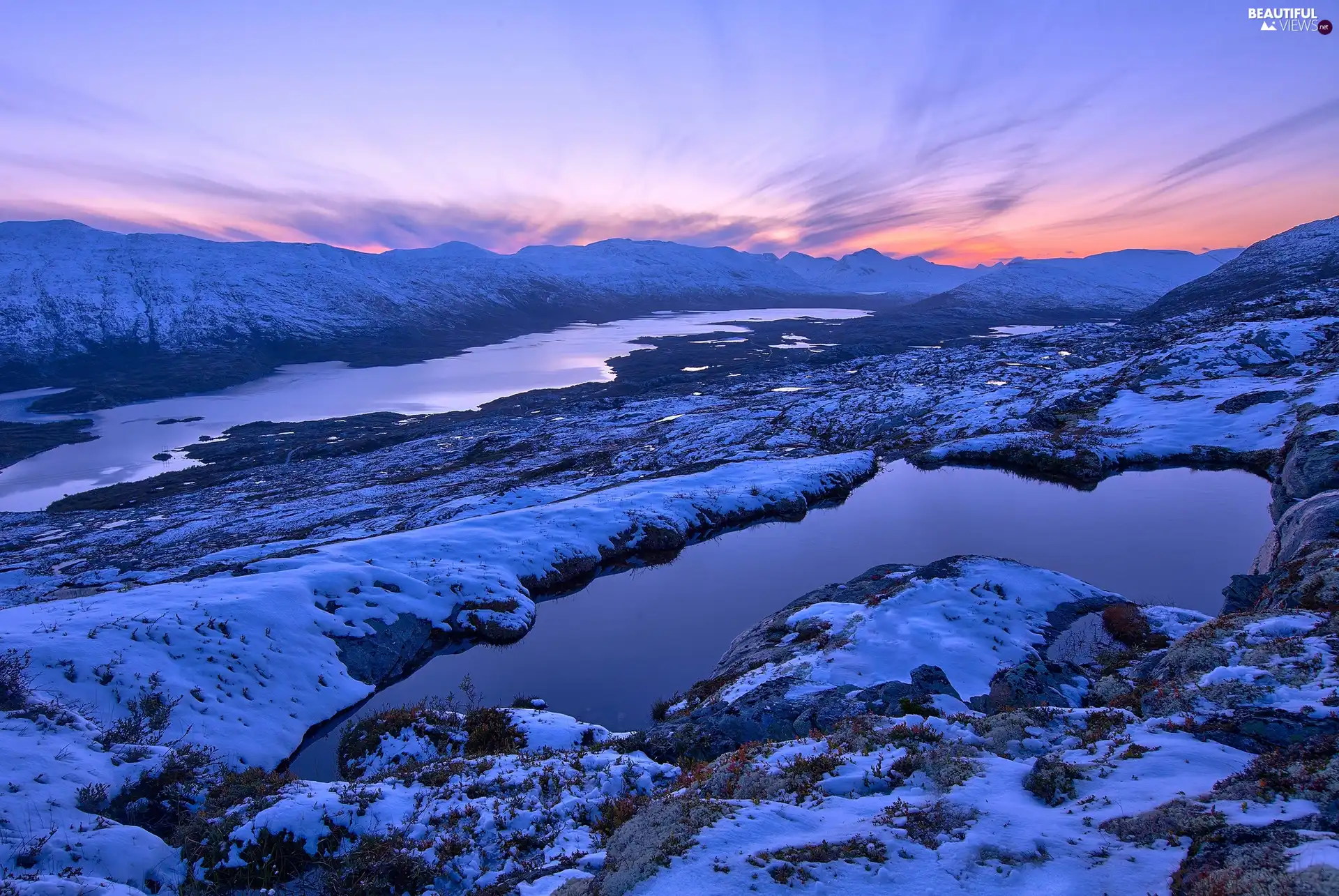 twilight, Mountains, River