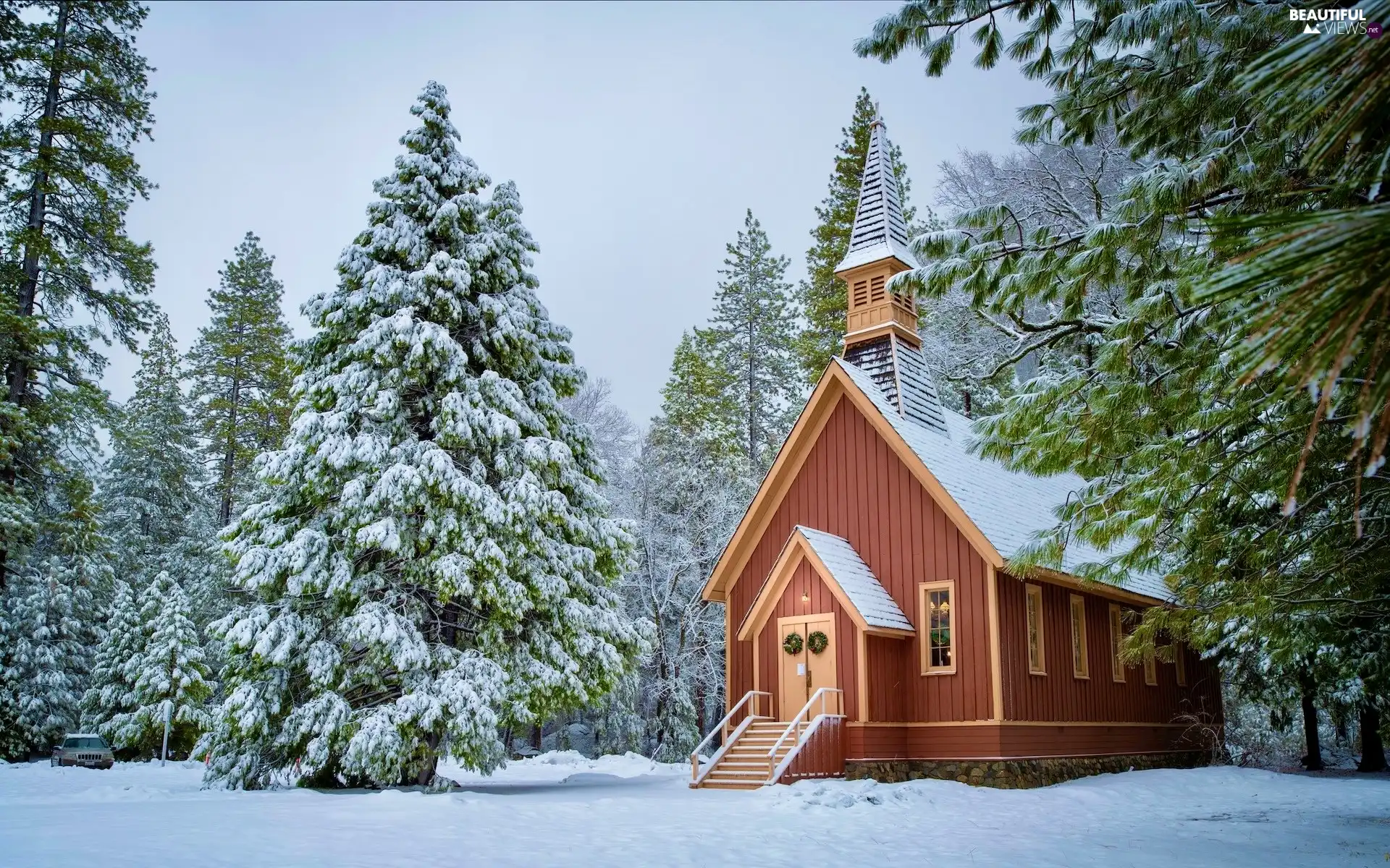 Yosemite National Park, church, winter, trees, Snowy, California, The United States, viewes