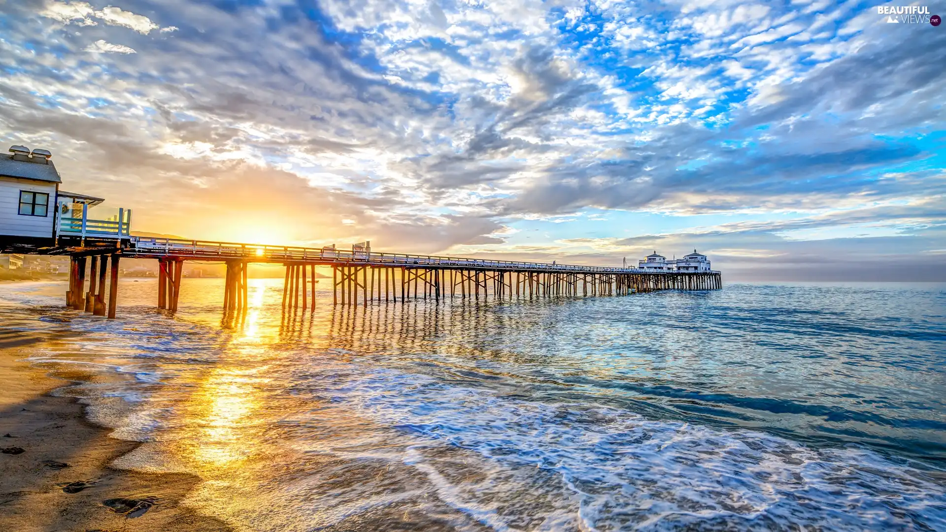 pier, sea, Coast, Sunrise, California, The United States, sea, Malibu, clouds