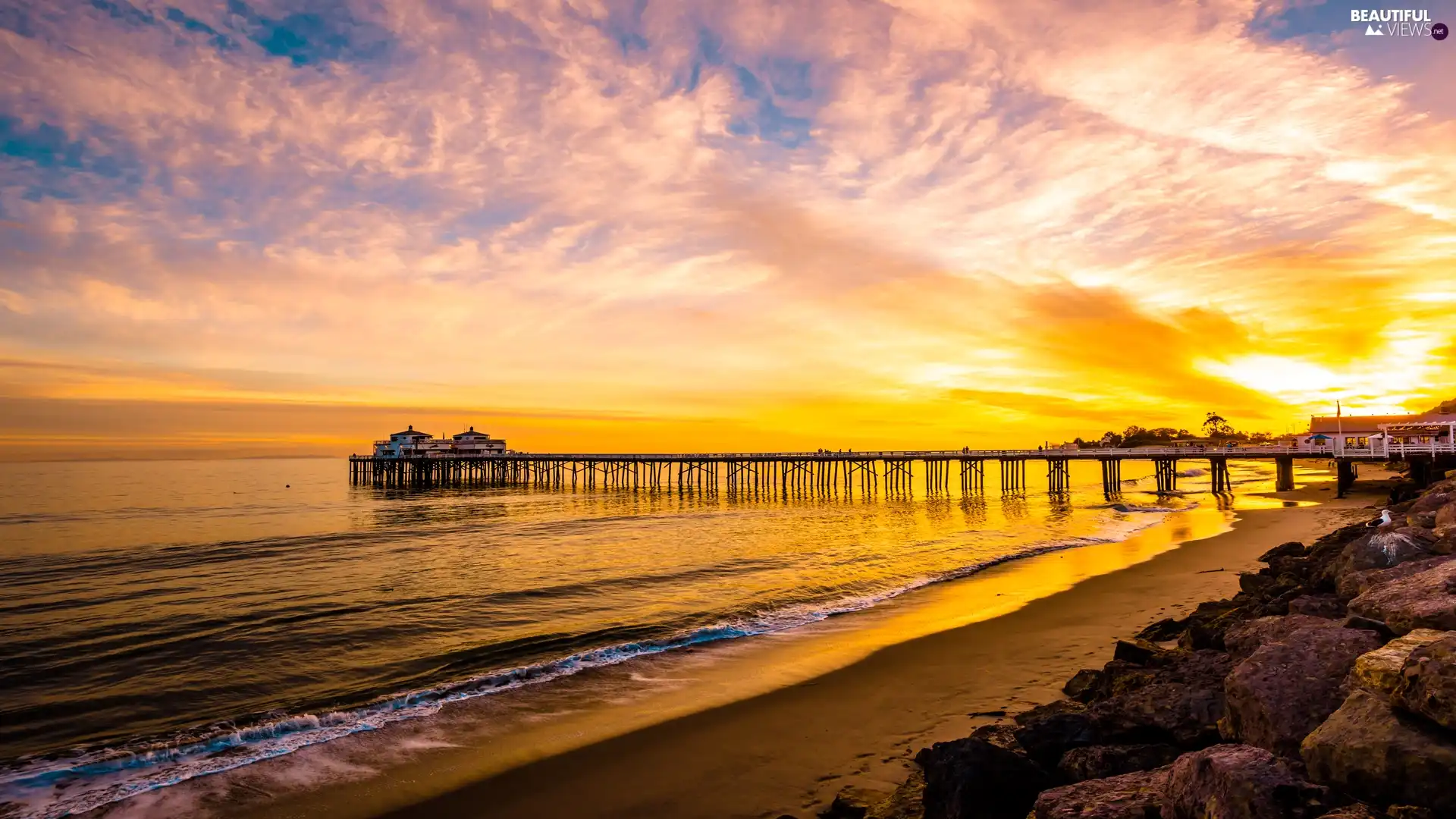 Malibu, sea, Sunrise, pier, Stones, State of California, The United States, Coast