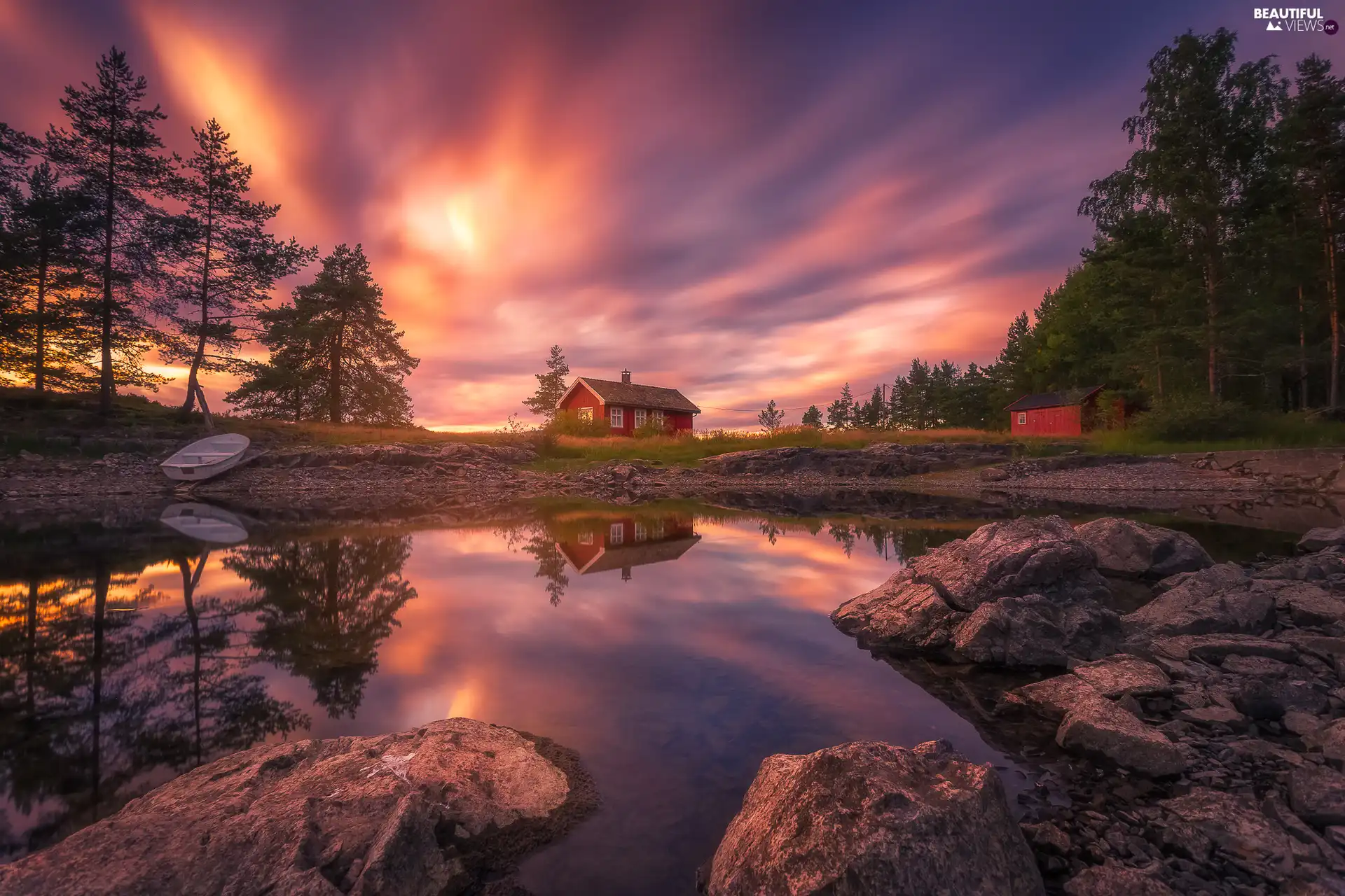 Vaeleren Lake, Great Sunsets, house, trees, Boat, Ringerike, Norway, viewes