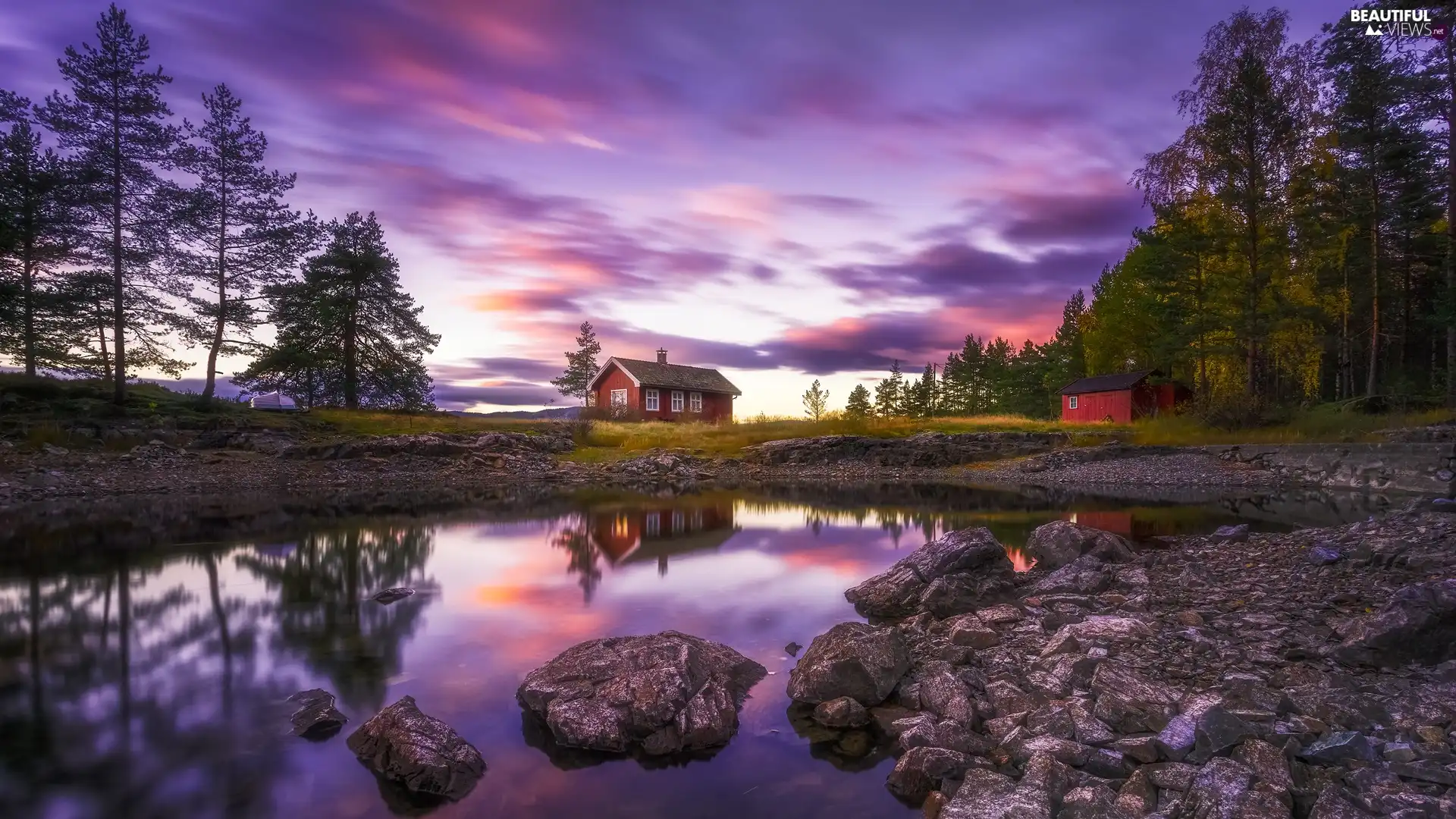 Vaeleren Lake, house, Boat, trees, clouds, Ringerike, Norway, viewes