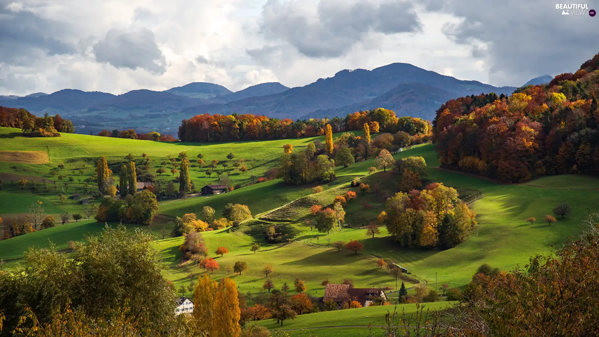 trees, viewes, clouds, autumn, Houses, forest, Mountains, Valley