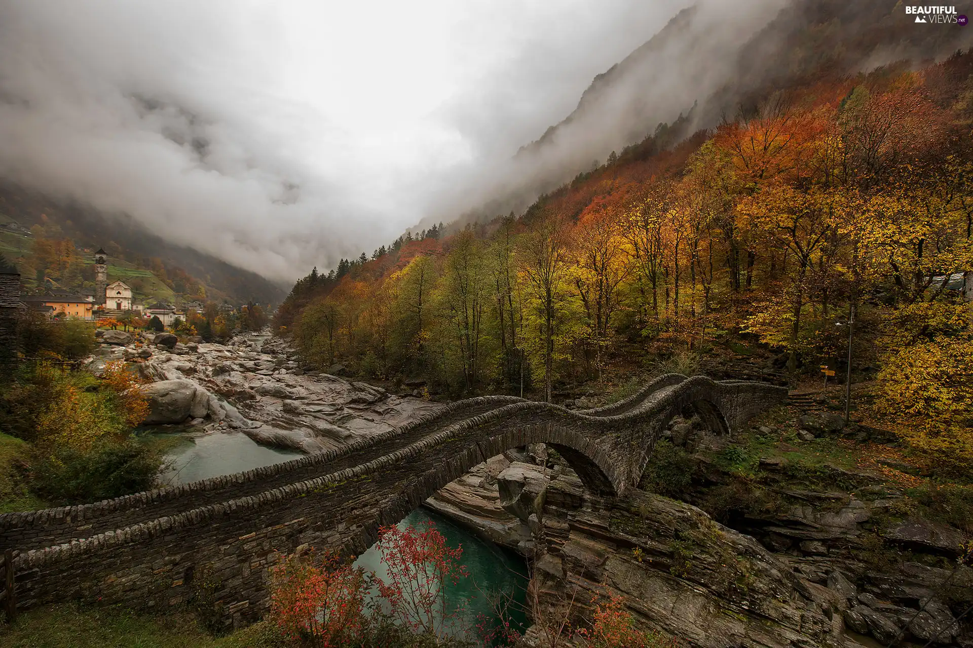 trees, forest, viewes, Fog, autumn, Houses, Ponte dei Salti Bridge, Switzerland, rocks, Verzasca River, Lavertezzo, Verzasca Valley