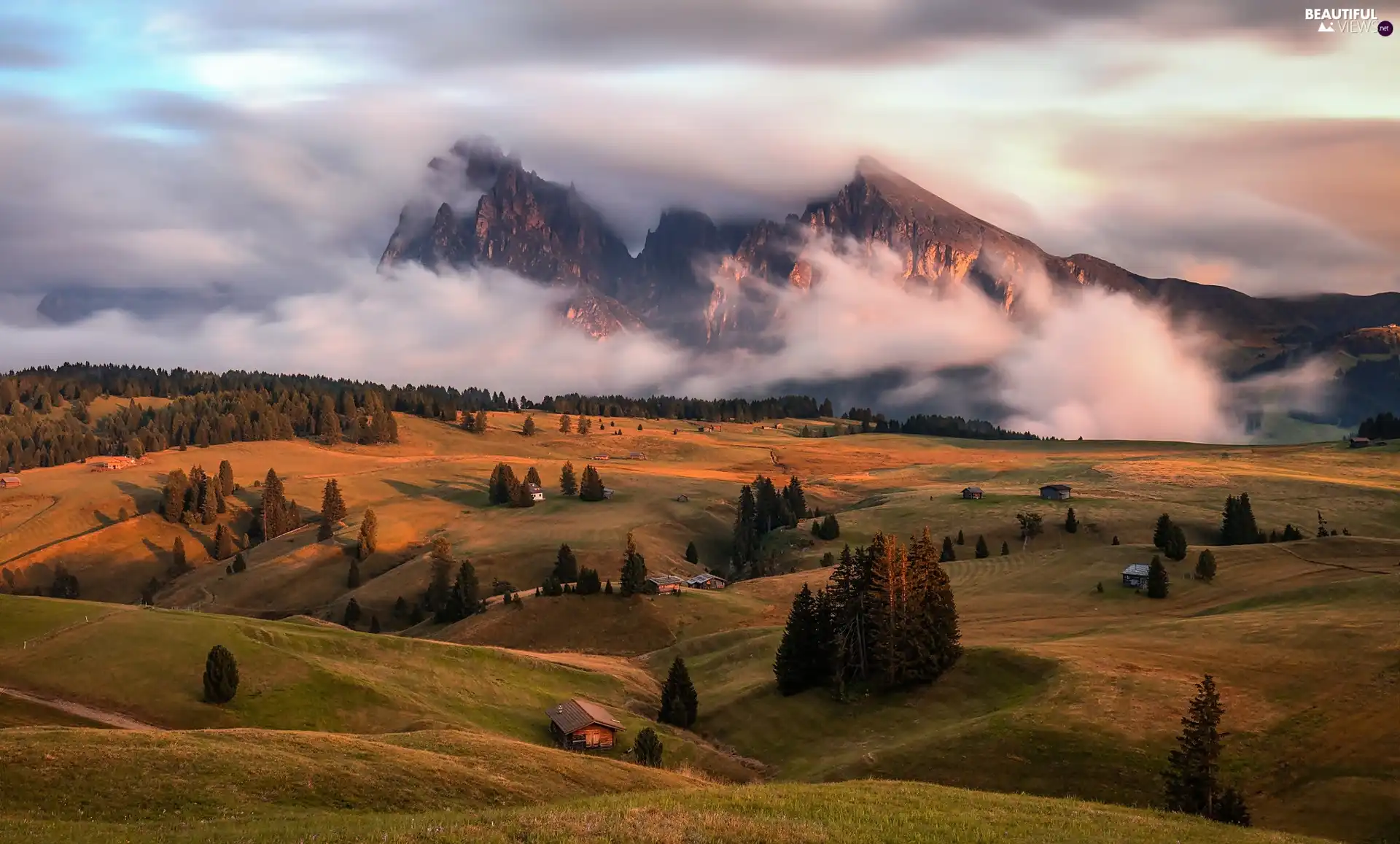 Fog, Dolomites, woods, Alps Mountains, Italy, Valley, Houses