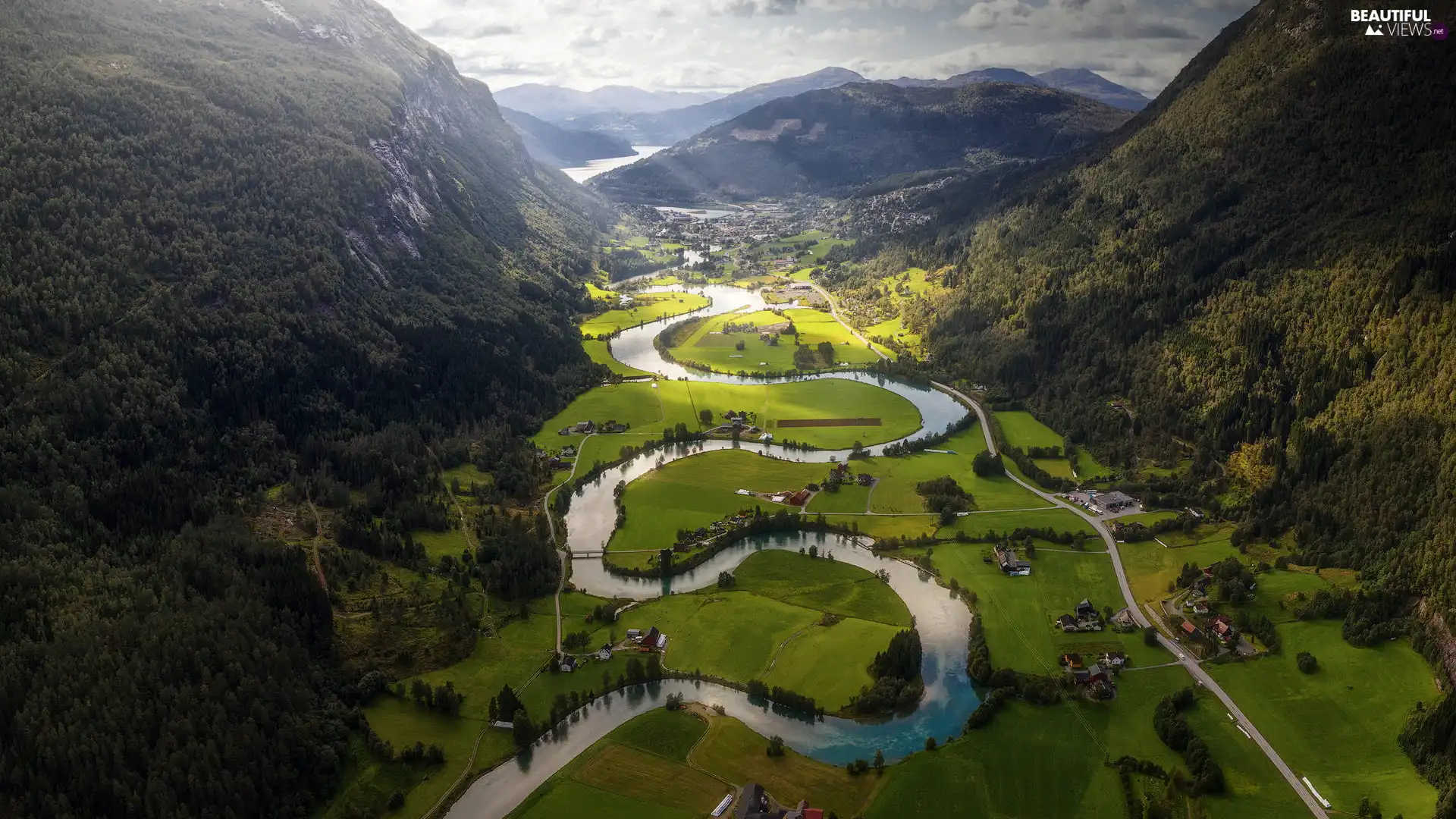 Mountains, winding, River, Valley