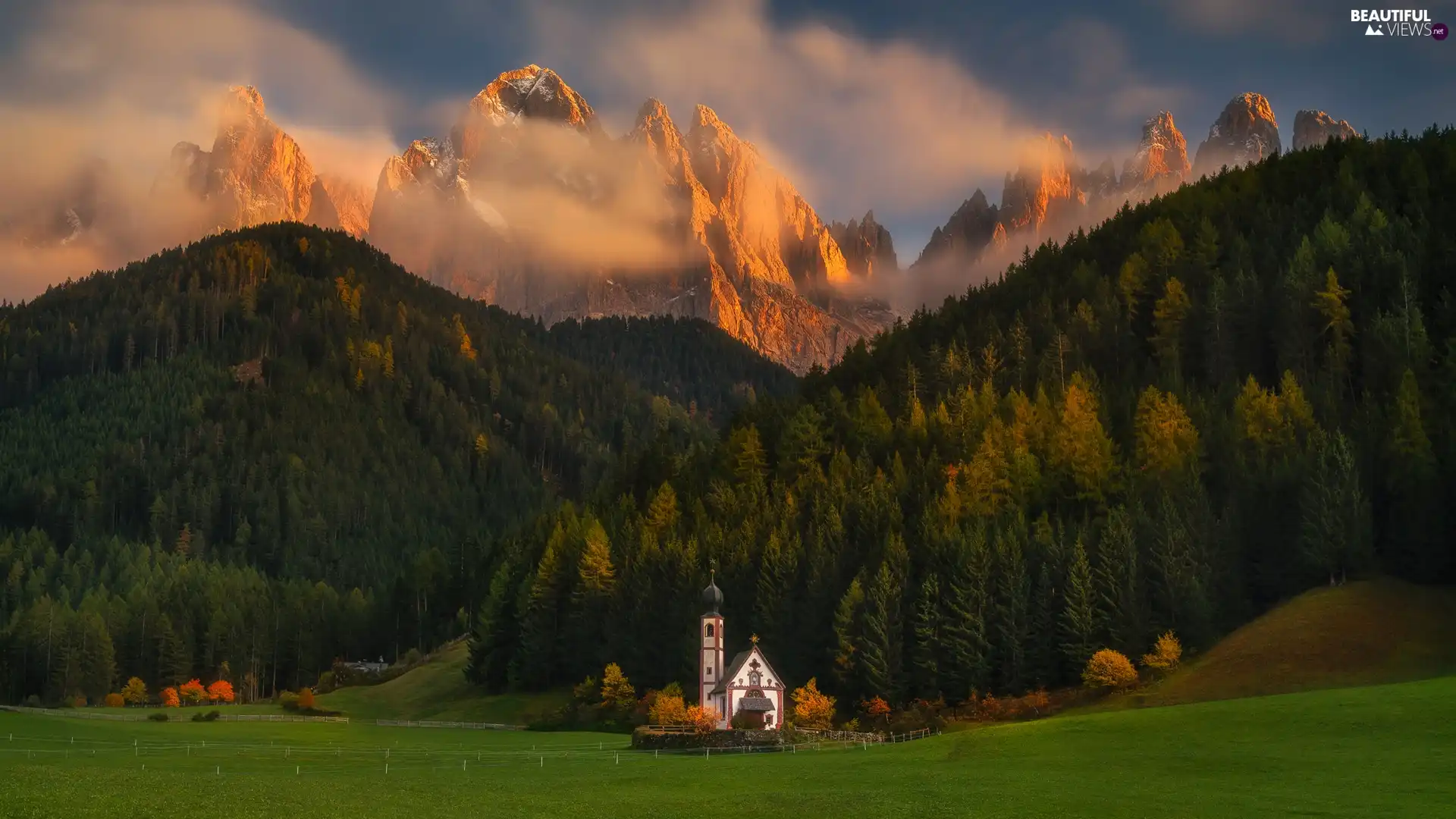 Val di Funes Valley, forest, Dolomites, Fog, Church of St. John, Mountains, Italy