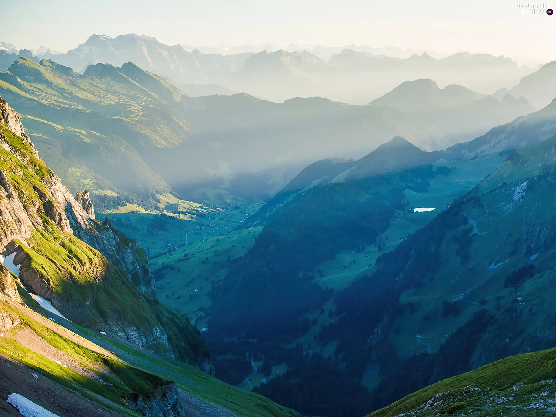 Valley, Mountains, woods