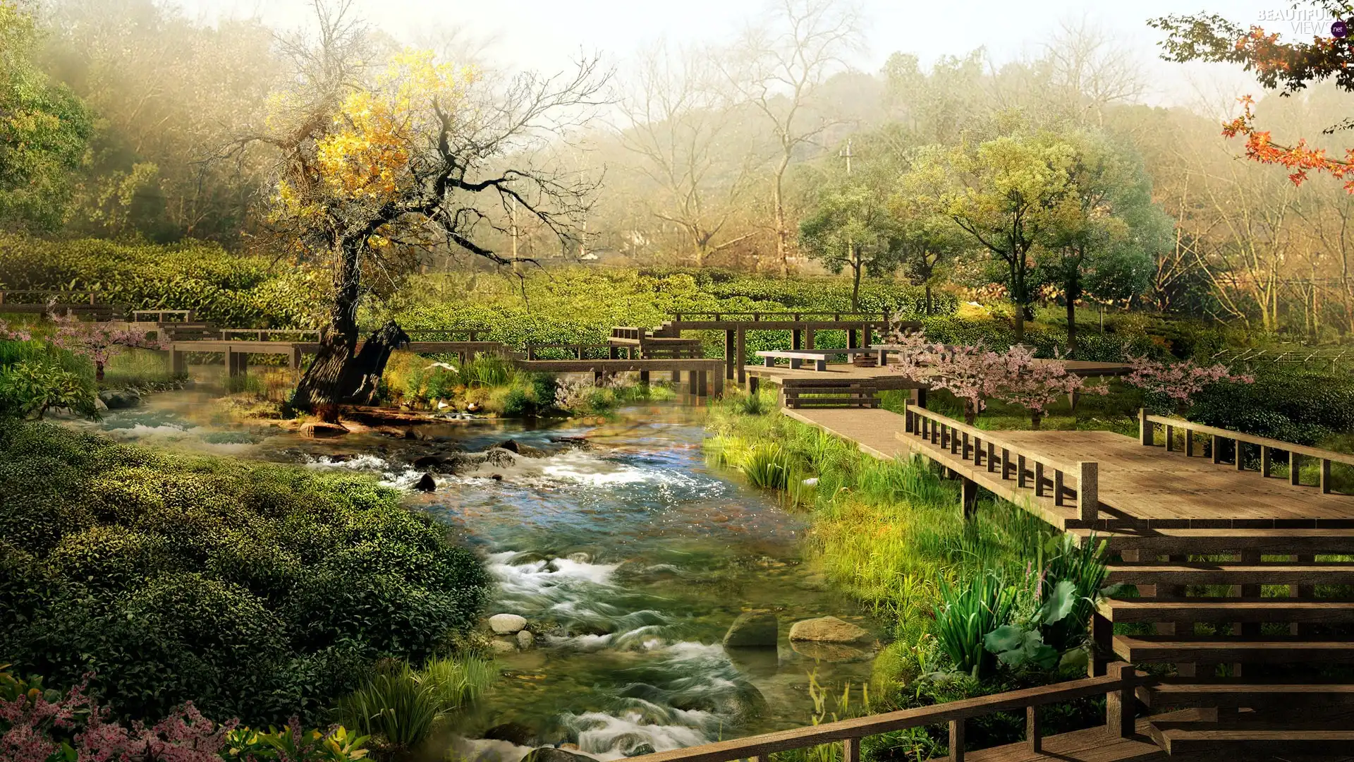 Garden, bridges, VEGETATION, brook