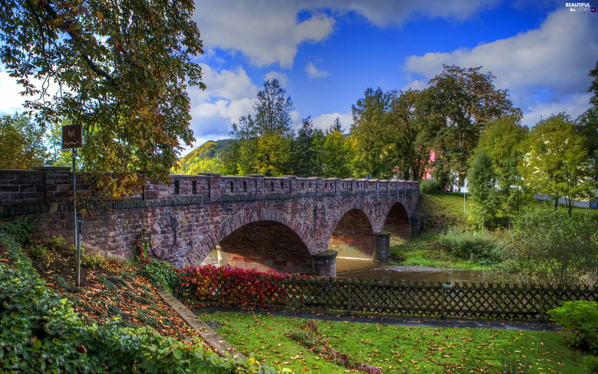 stone, River, VEGETATION, bridge
