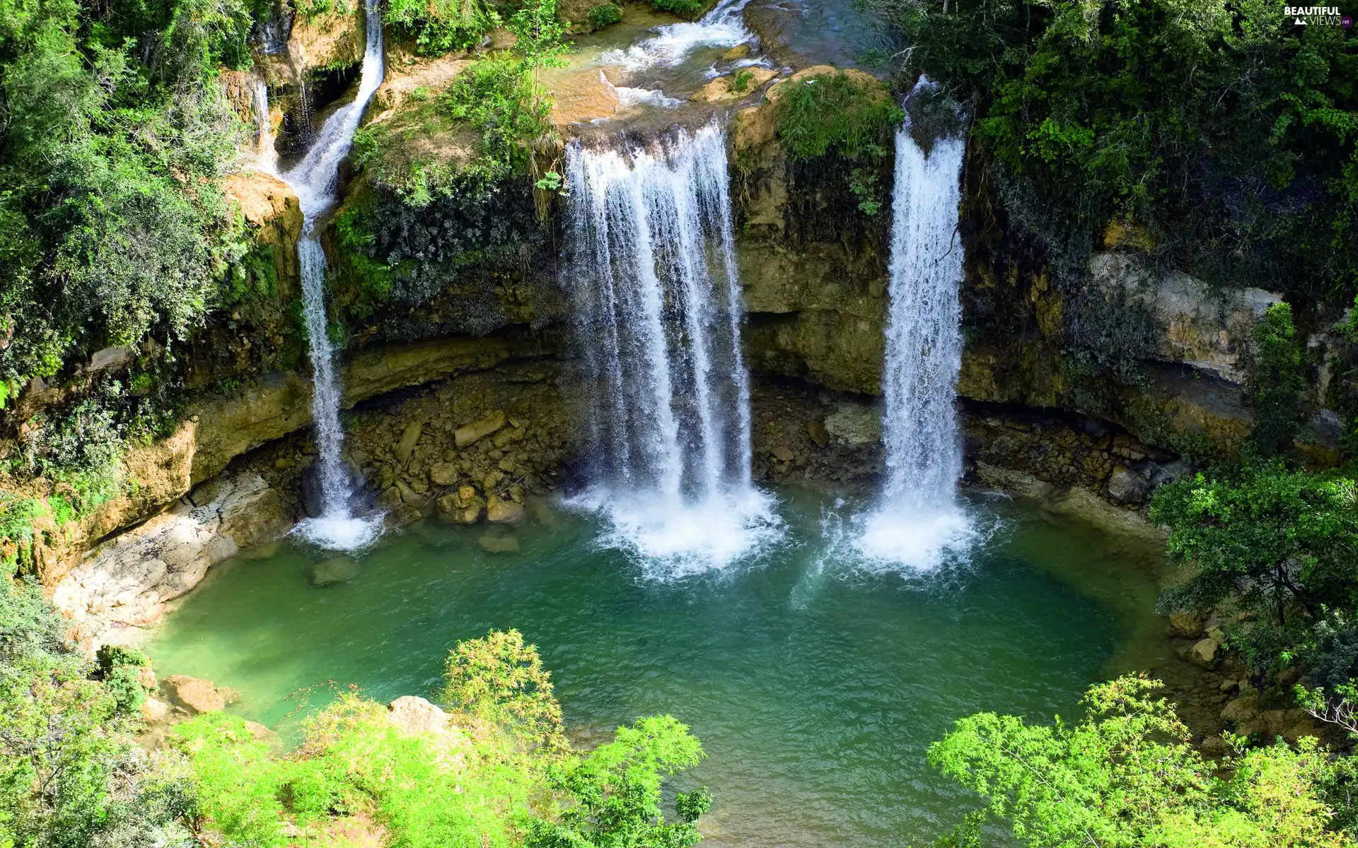 waterfall, Green, VEGETATION, Stones