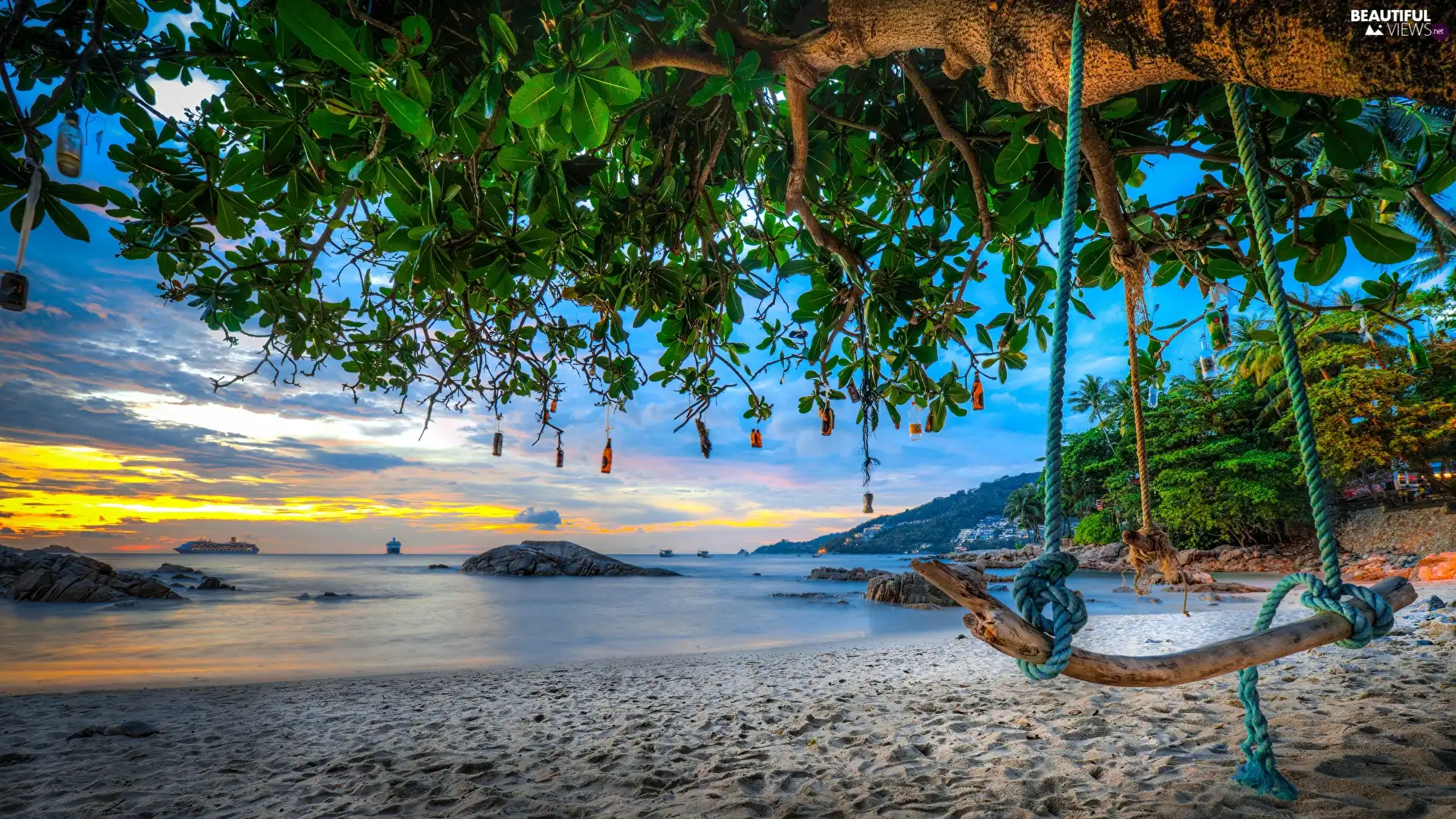 sea, vessels, Swing, Beaches, trees