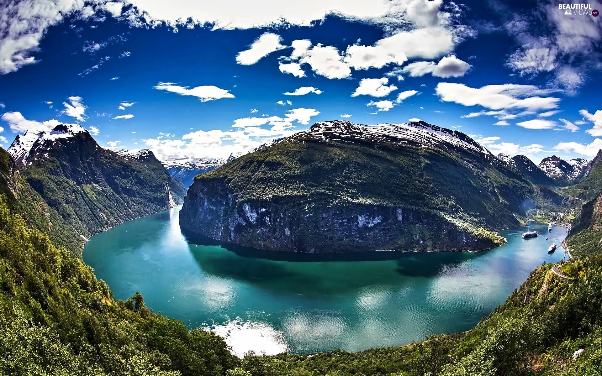 vessels, VEGETATION, Geirangerfjord, Mountains, sea