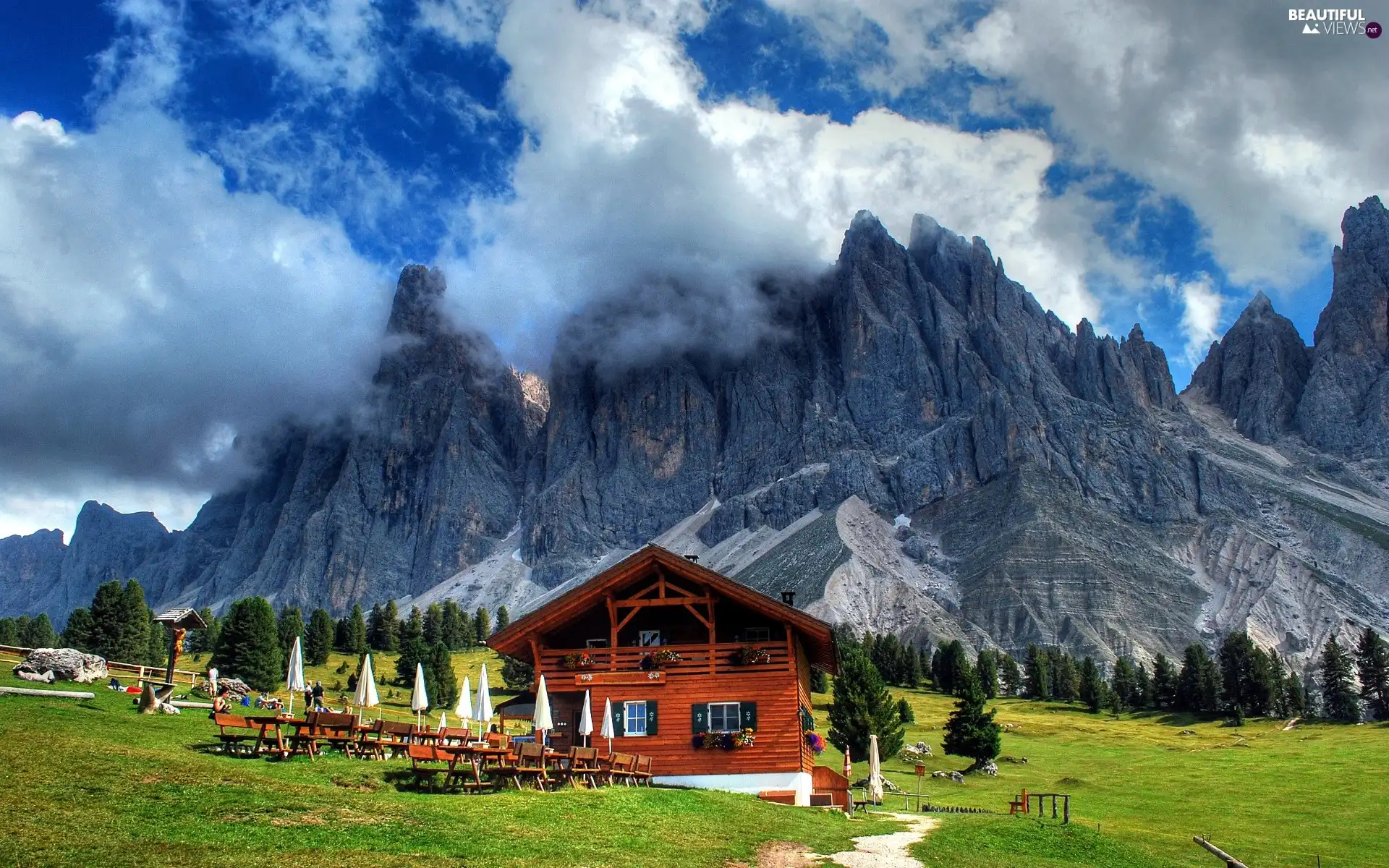Restaurant, Mountains, viewes, Austria, trees, clouds