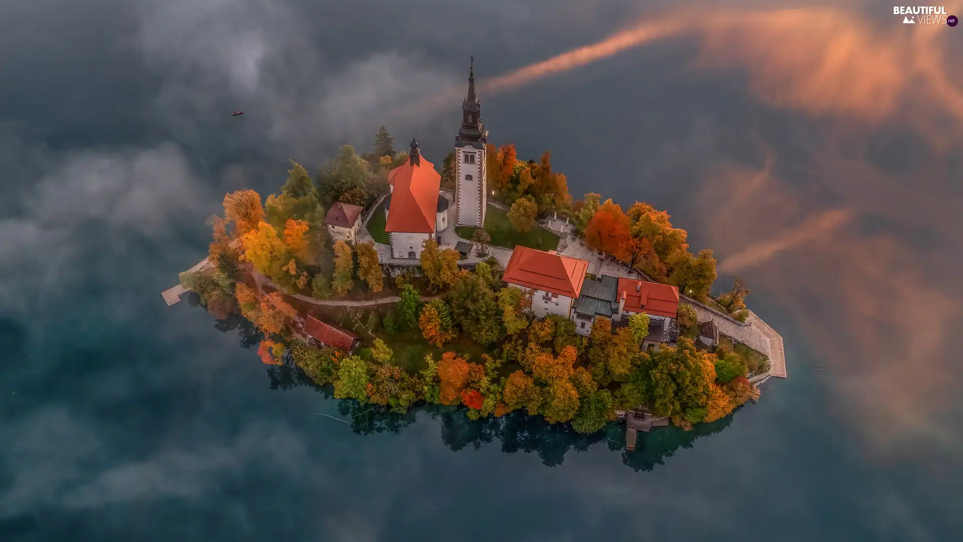 Island, Slovenia, Bled Island, Church of the Annunciation of the Virgin Mary, autumn, Aerial View, trees, viewes, Lake Bled