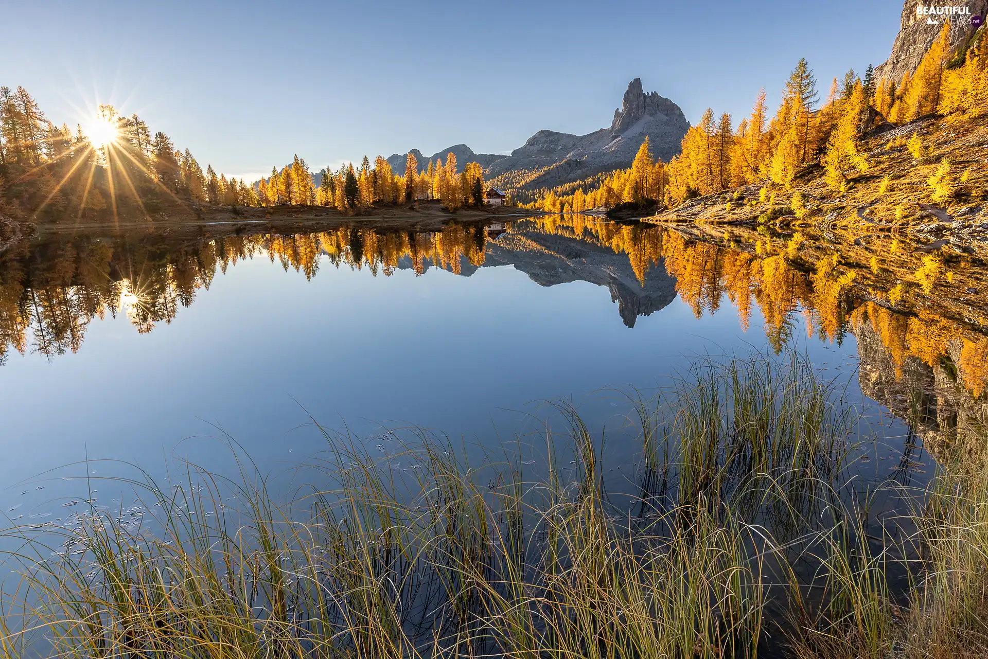 grass, trees, rays of the Sun, viewes, autumn, lake, Mountains, woods