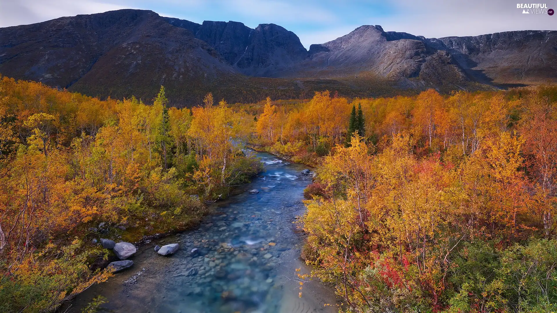 trees, viewes, autumn, Mountains, River