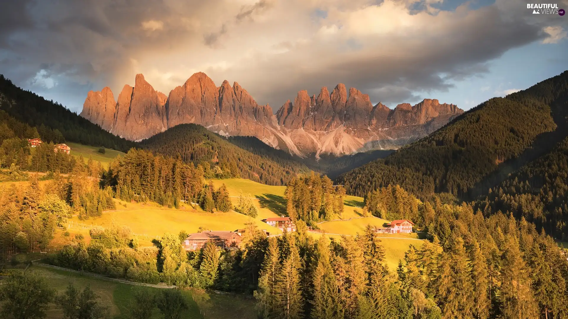 Dolomites, forest, clouds, trees, Houses, Mountains, Italy, viewes