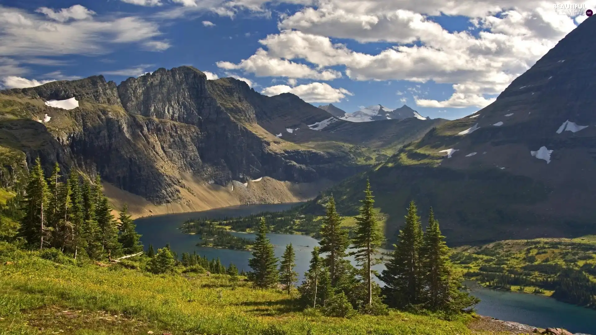 viewes, clouds, lake, trees, Mountains