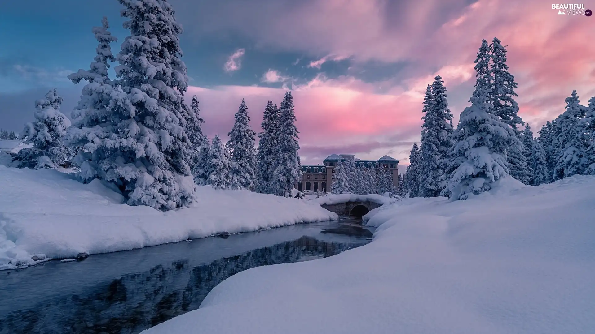bridge, Snowy, clouds, trees, House, River, winter, viewes
