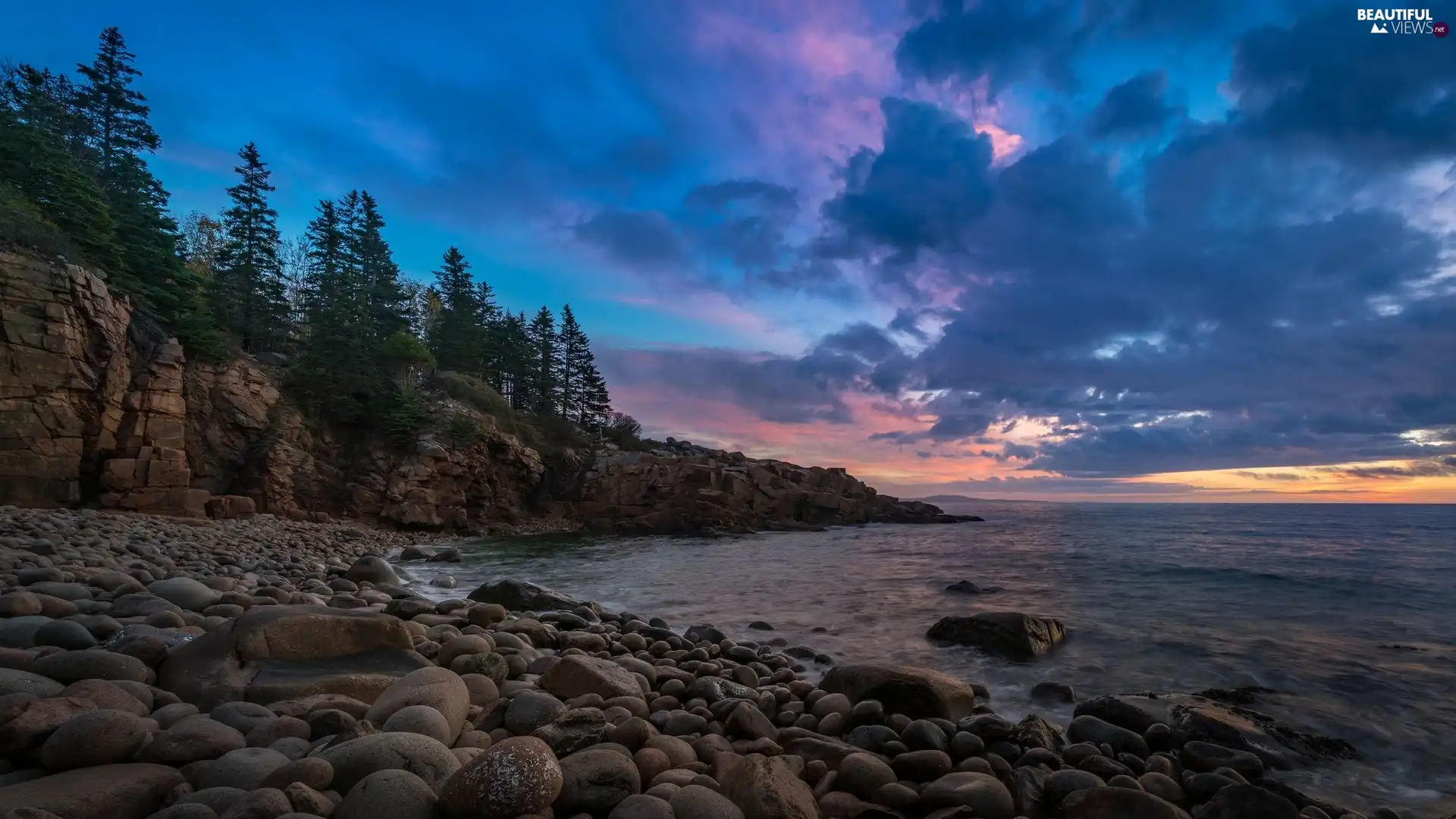 rocks, Stones, clouds, trees, dark, coast, sea, viewes