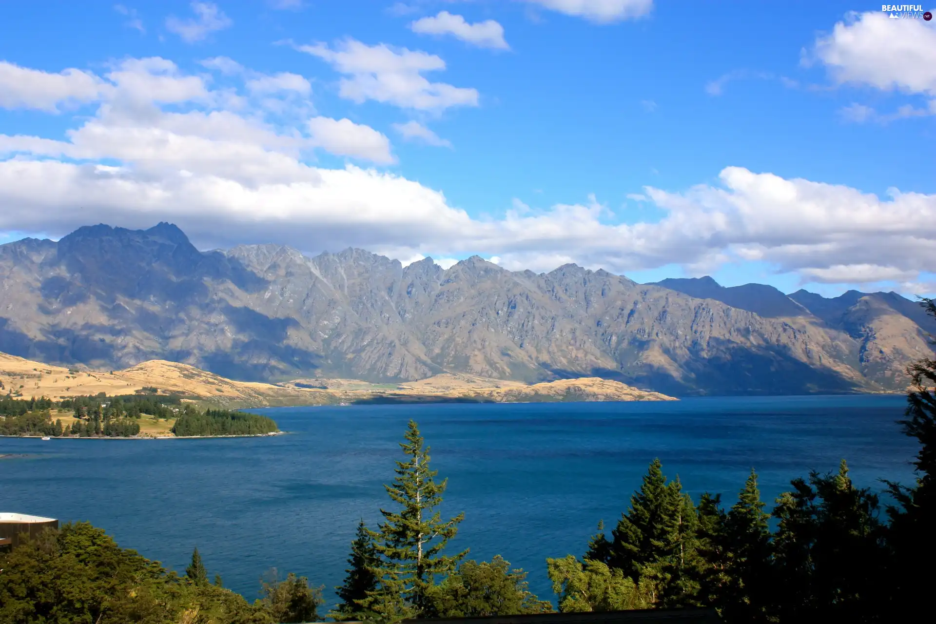 Mountains, River, viewes, clouds, trees, Rocky