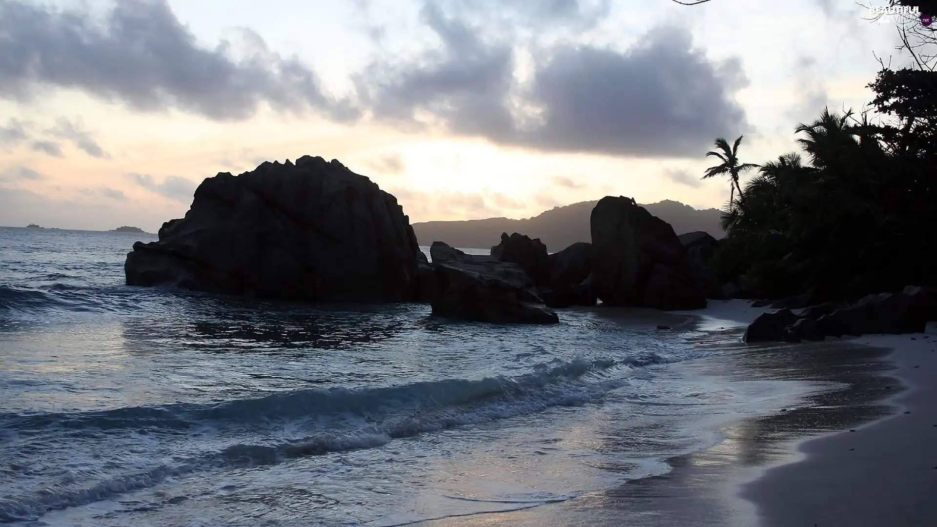 rocks, sea, viewes, clouds, trees, Waves