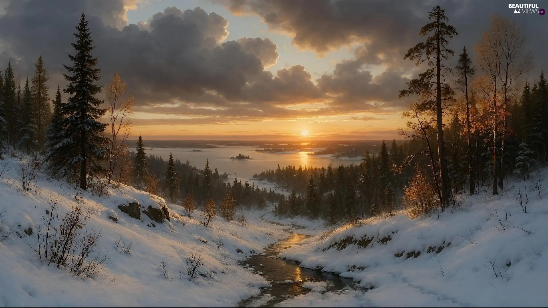 lake, trees, clouds, viewes, winter, hills, snow