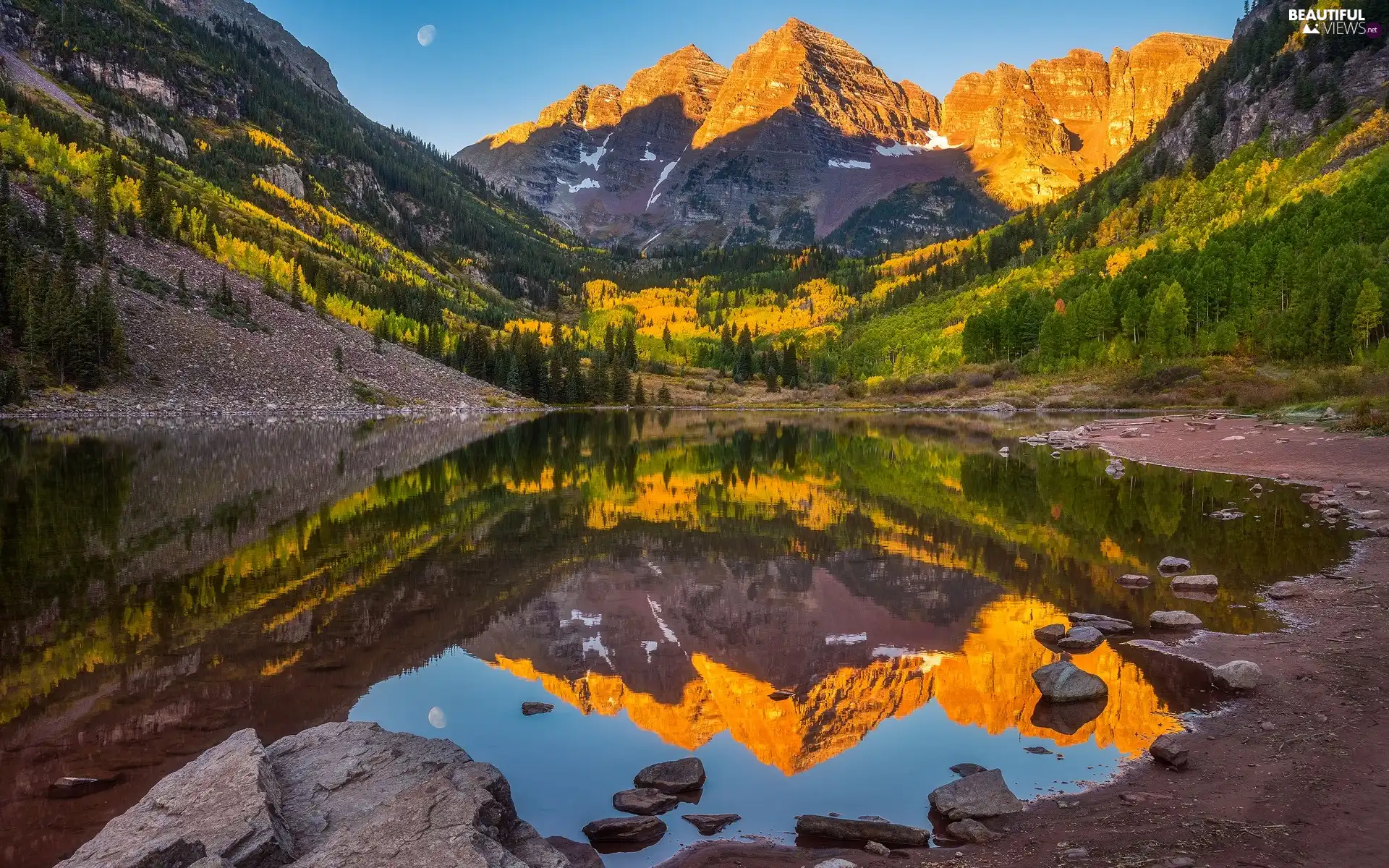 Maroon Lake, trees, The United States, viewes, State of Colorado, Maroon Bells Peaks, rocky mountains, moon