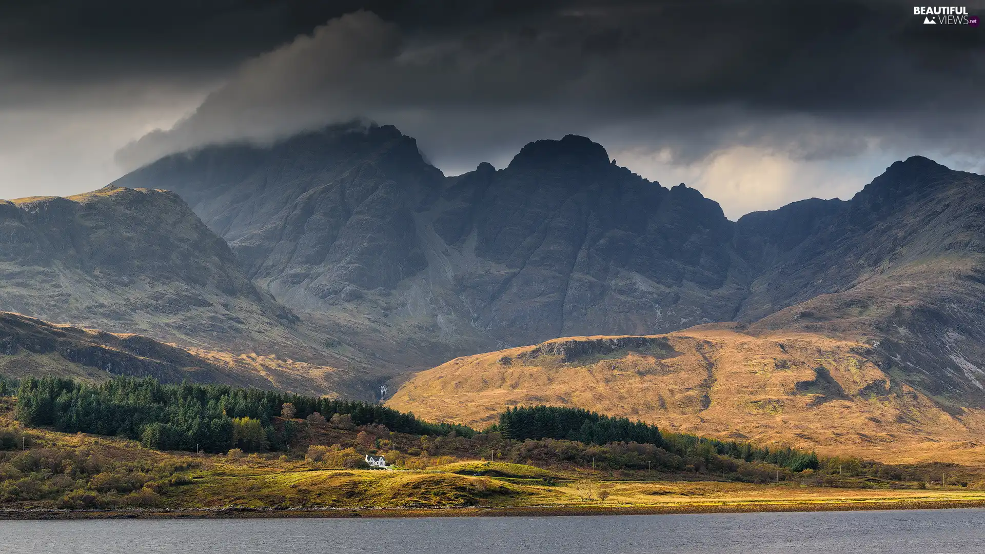 clouds, Mountains, trees, viewes, house, dark